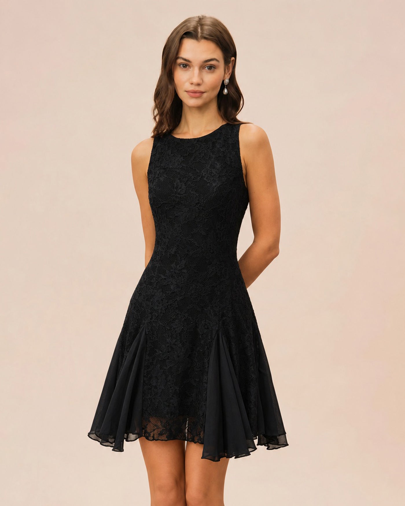 Black Boat Neck Backless Lace Mini Dress