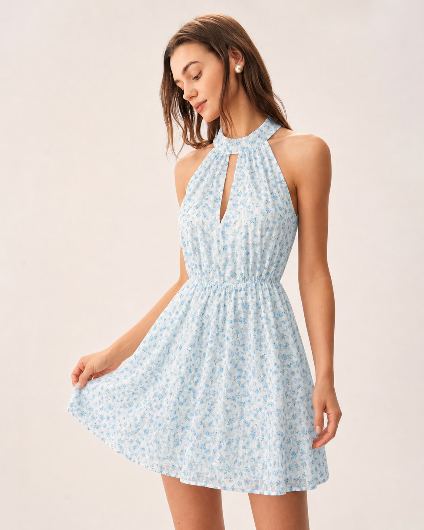 Blue Mock Neck Cut Out Floral Mini Dress