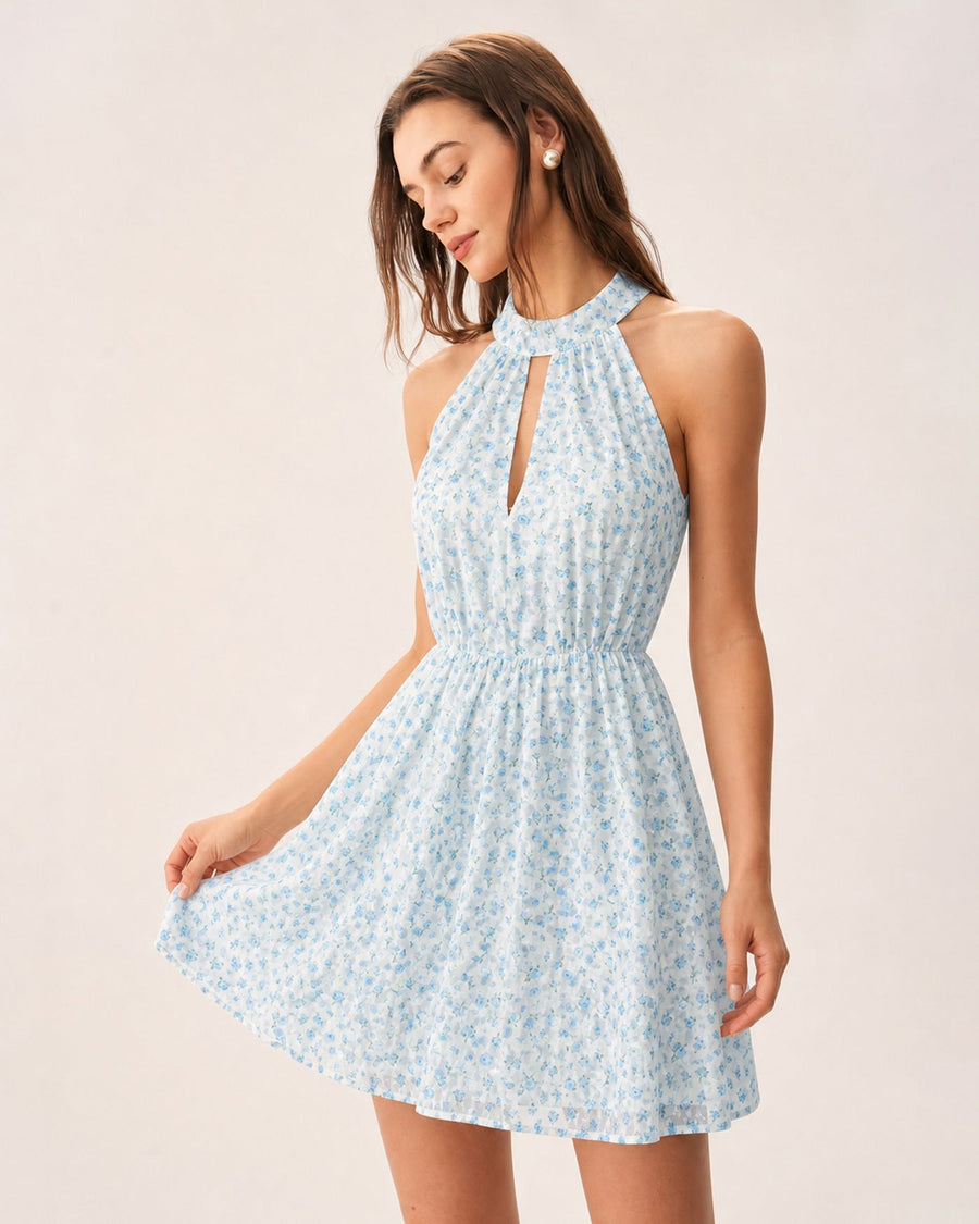 Blue Mock Neck Cut Out Floral Mini Dress