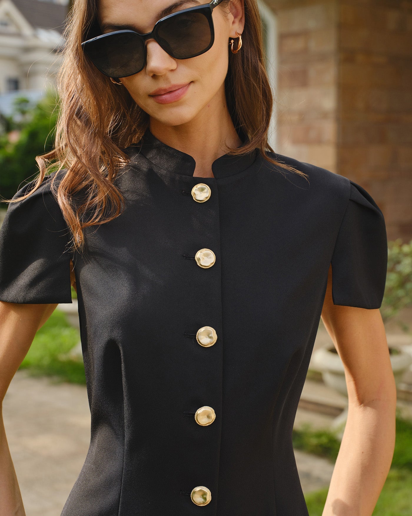 Black Mandarin Collar Button Mini Dress