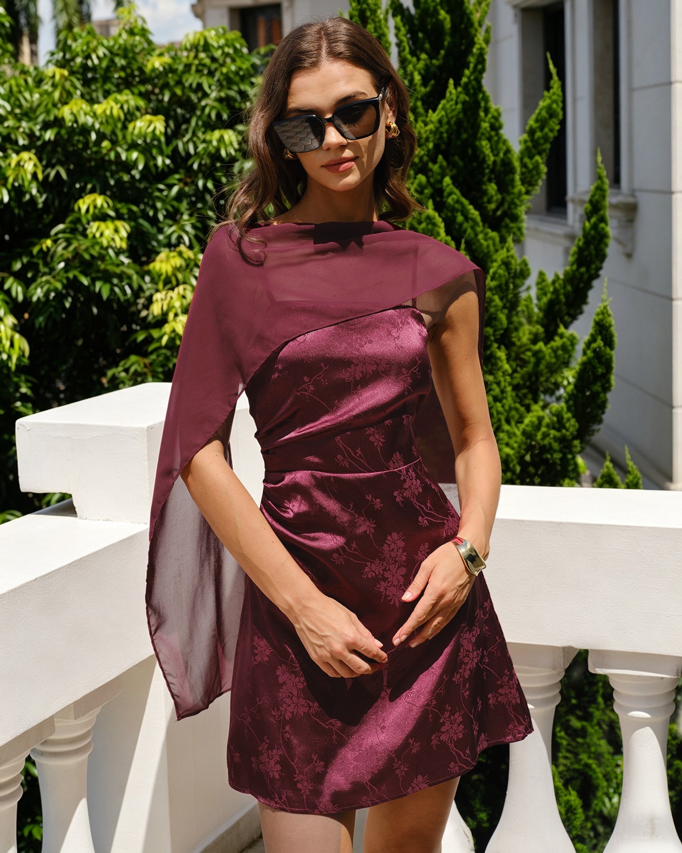 Red Jacquard Flowy Chiffon Mini Dress