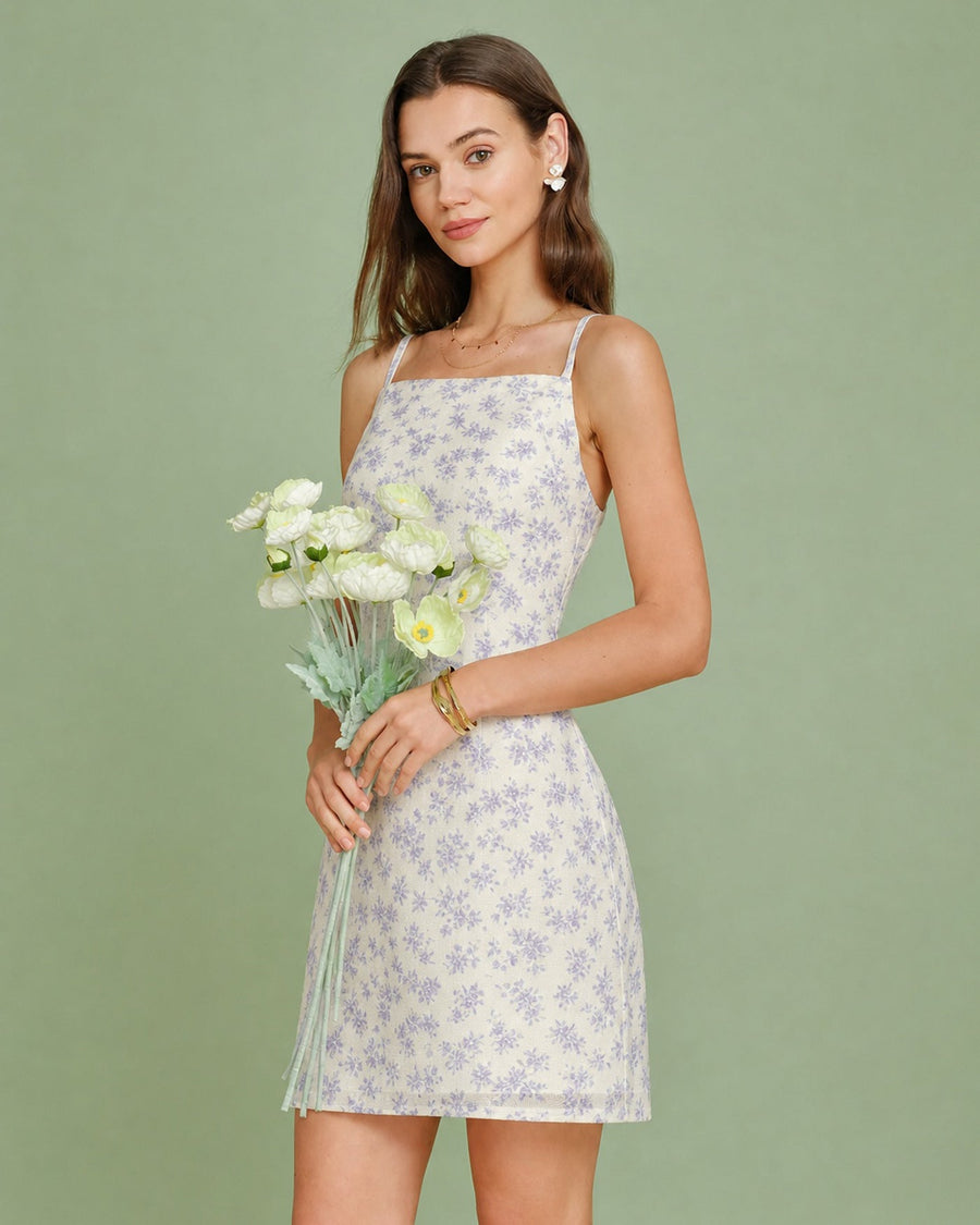 Purple Square Neck Floral Slip Mini Dress