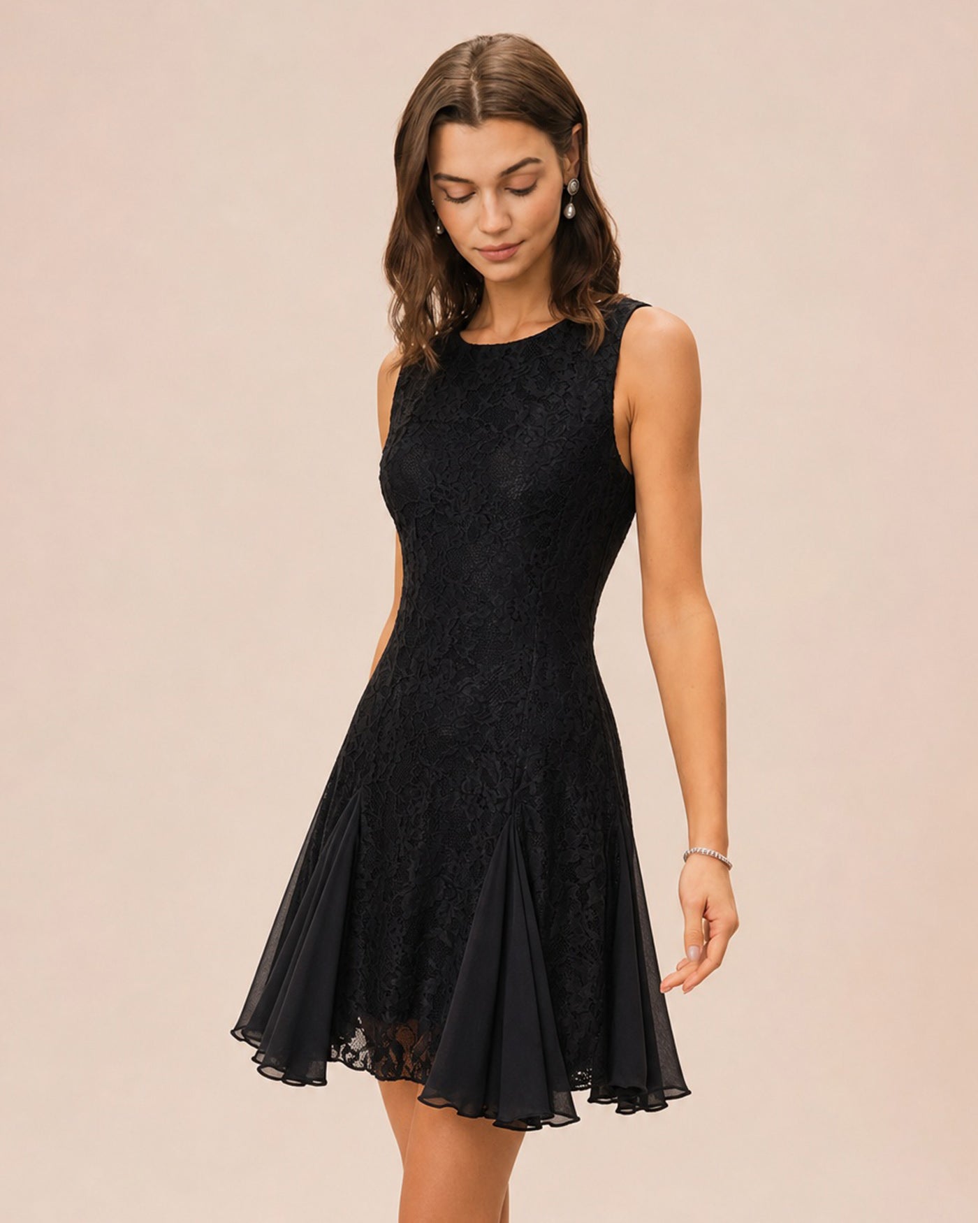 Black Boat Neck Backless Lace Mini Dress