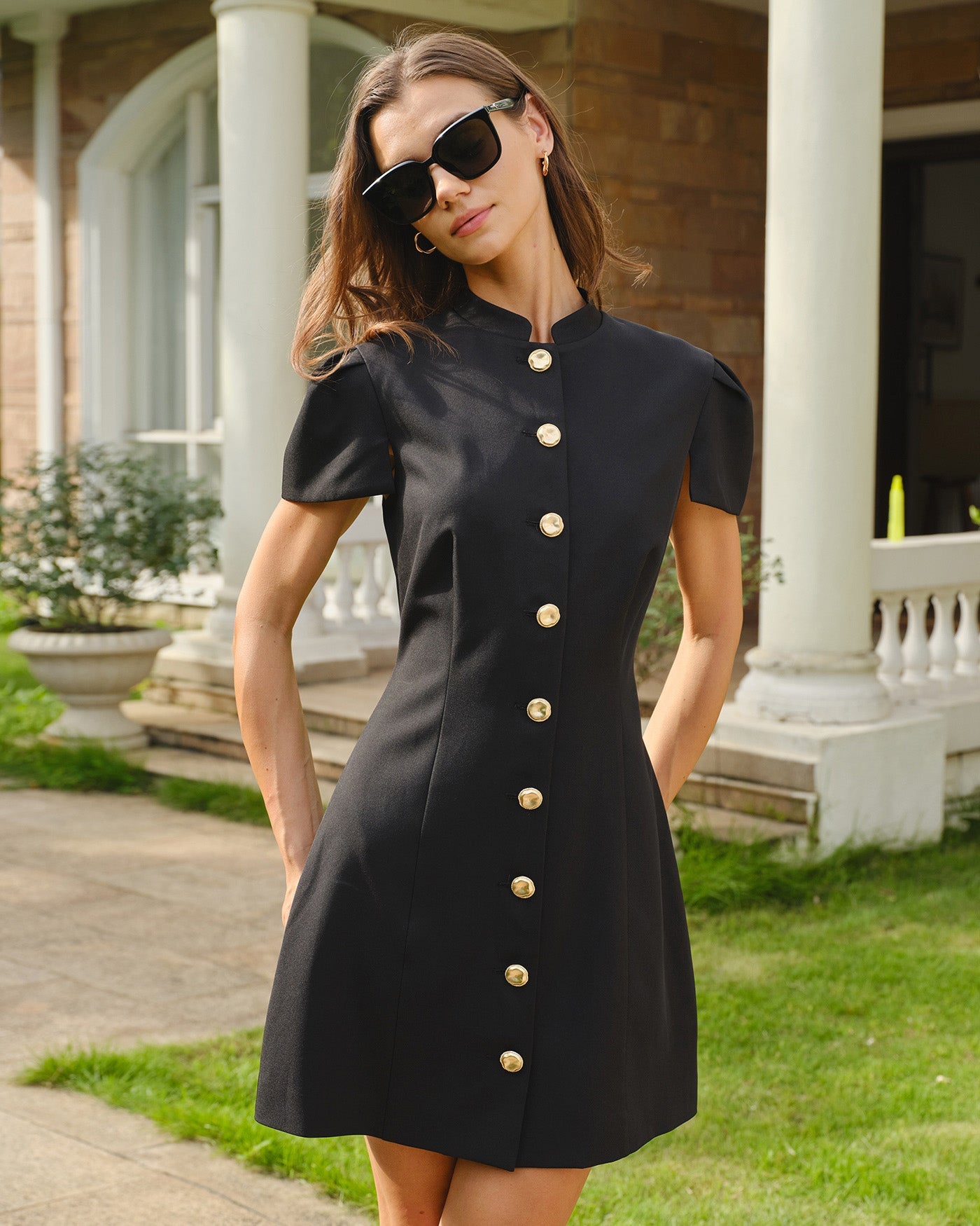 Black Mandarin Collar Button Mini Dress