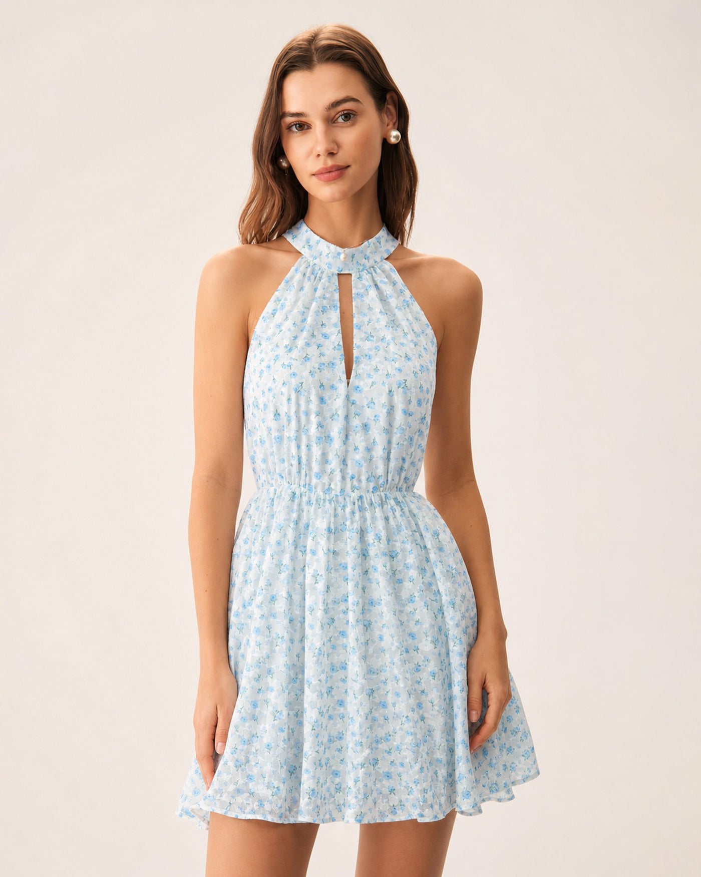 Blue Mock Neck Cut Out Floral Mini Dress