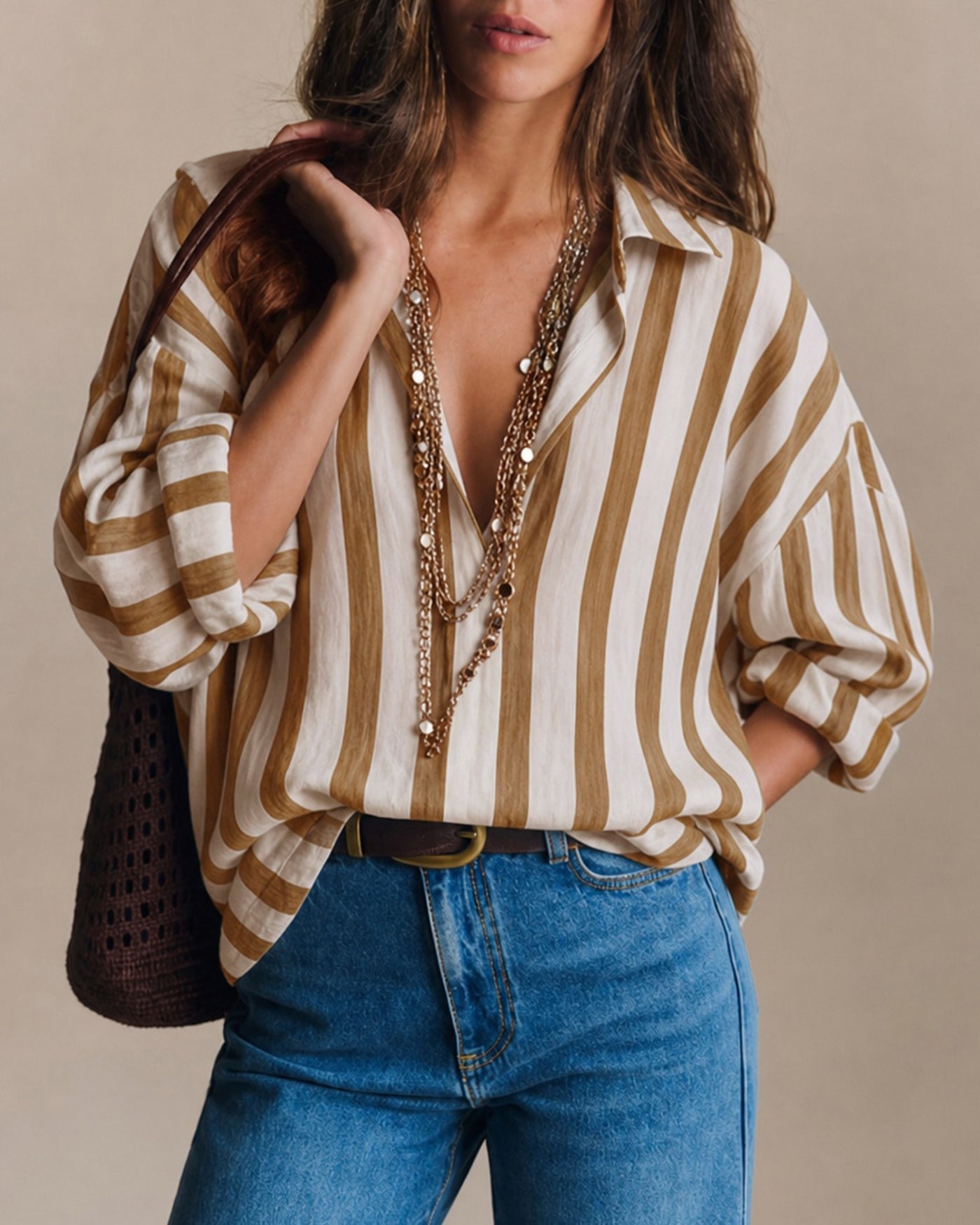 Brown Collar Striped Button Shirt