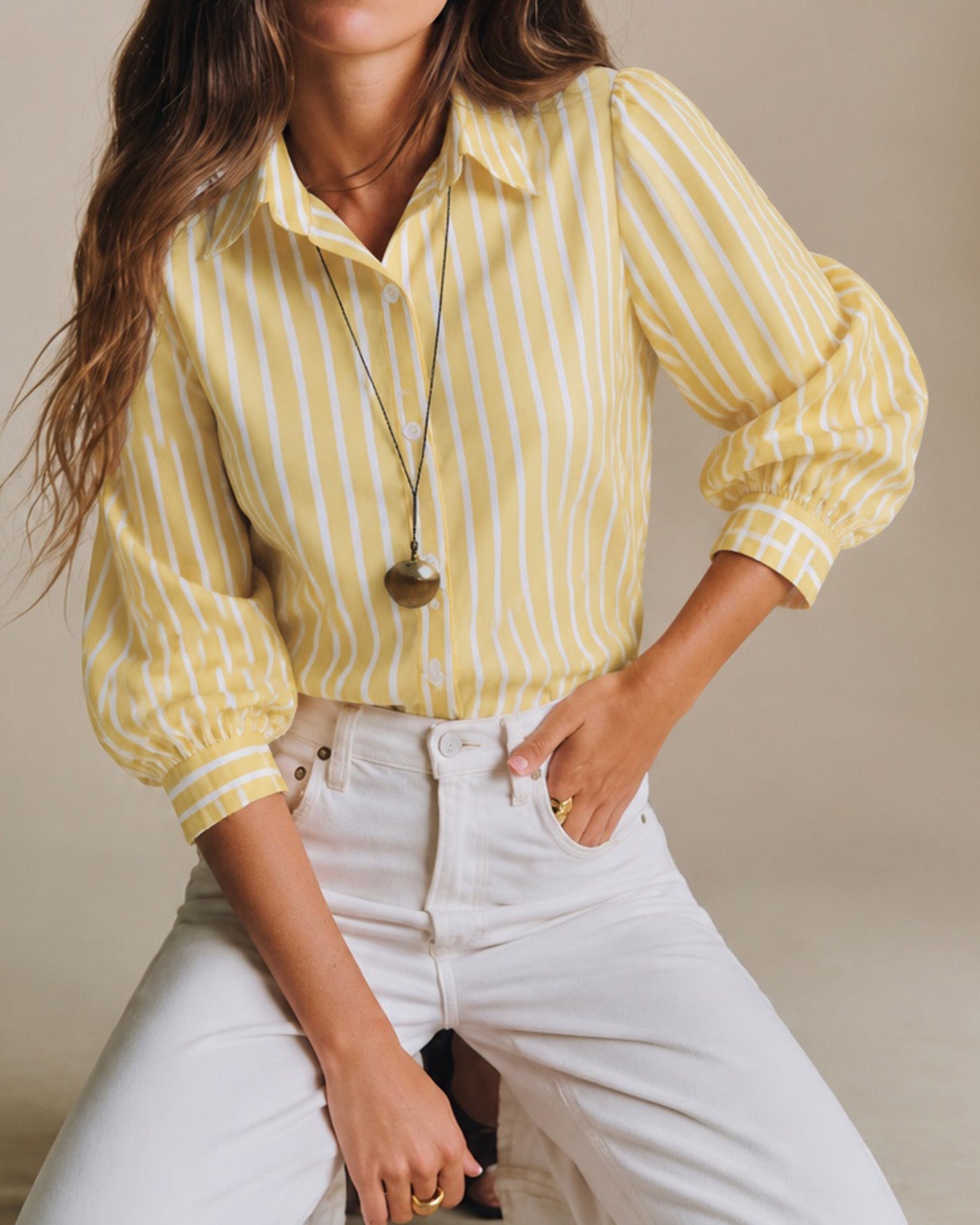 Yellow Collar Button Striped Shirt