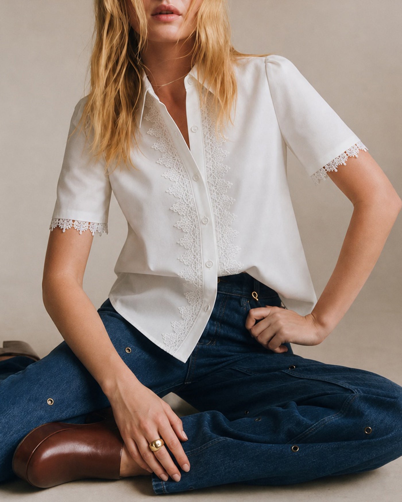 White Solid Collar Splicing Button Shirt