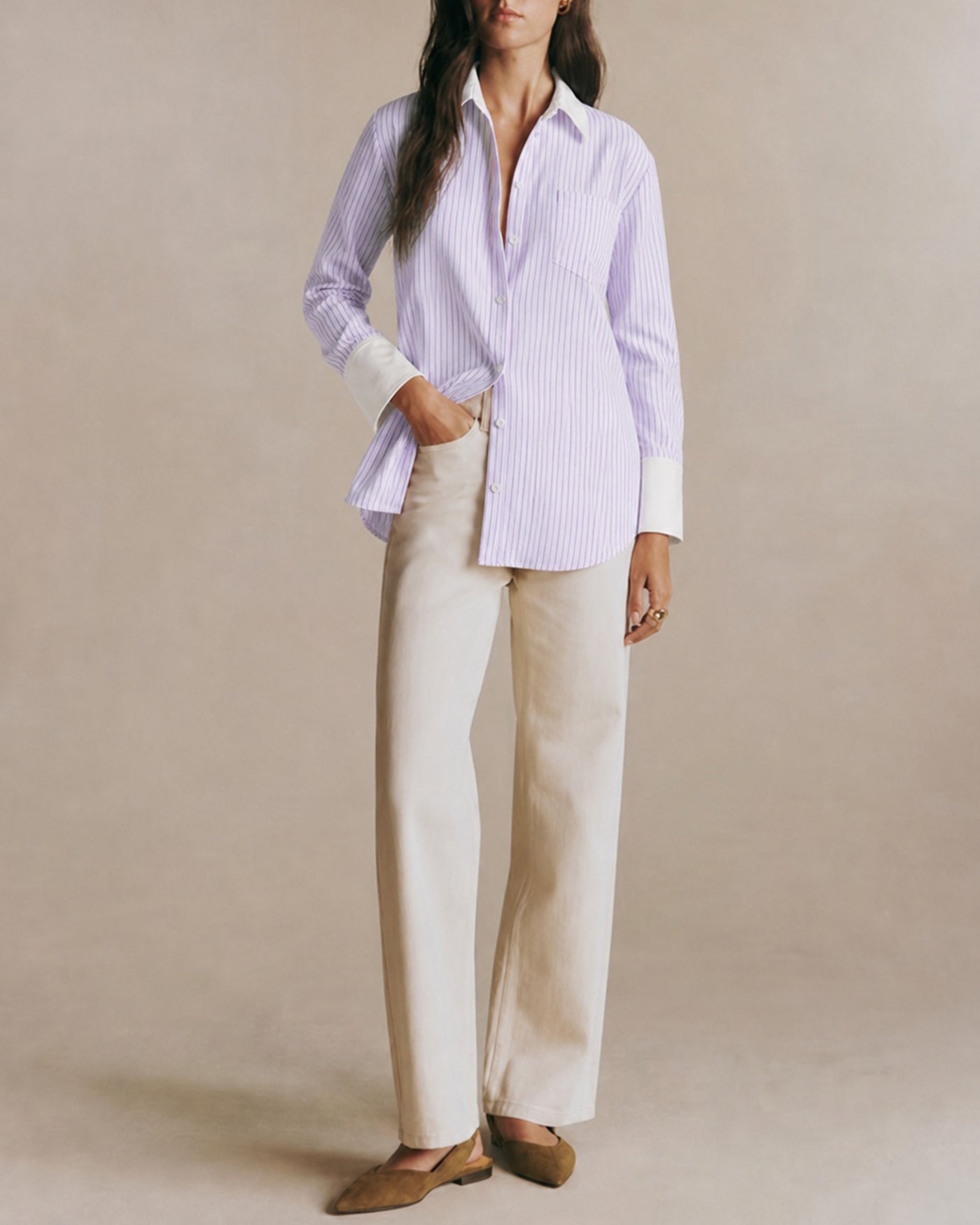Purple Pockets Button Striped Shirt