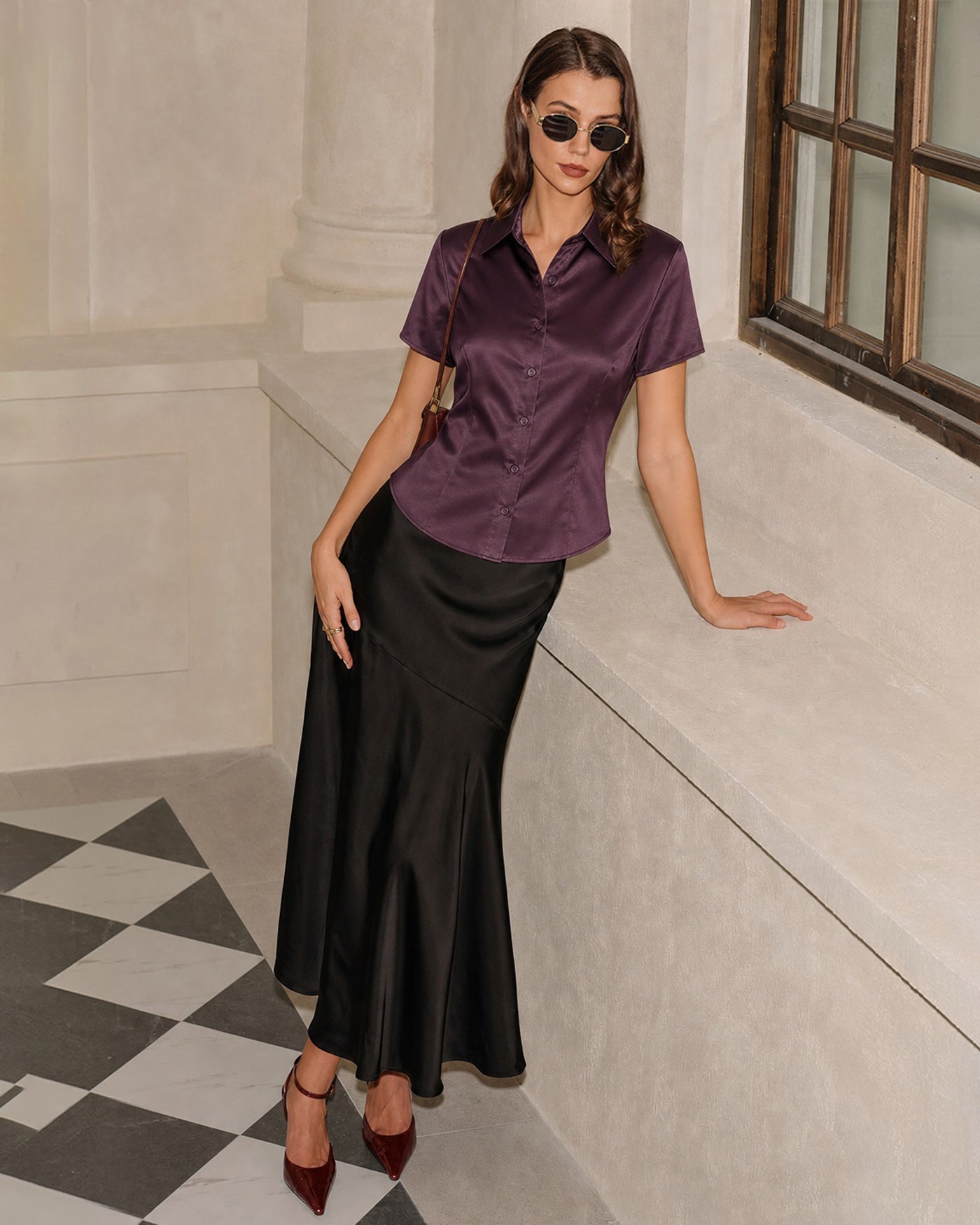 Wine Red Collar Short Sleeve Button Shirt