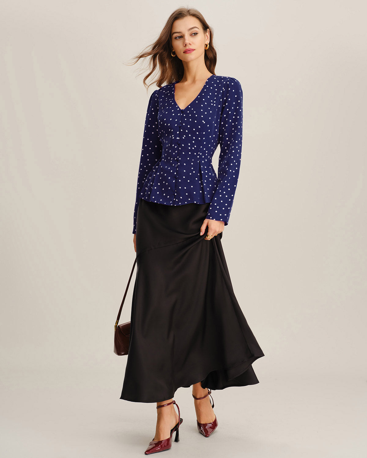 Navy Polka Dot V Neck Shirt