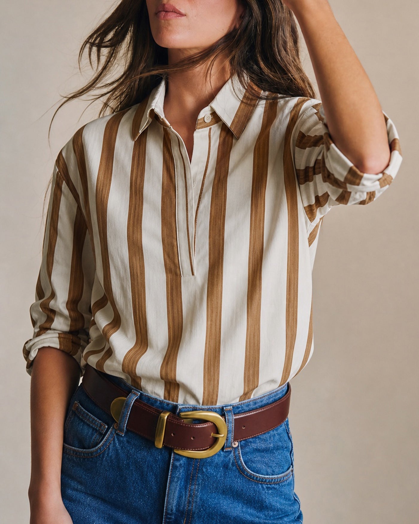 Brown Collar Striped Button Shirt