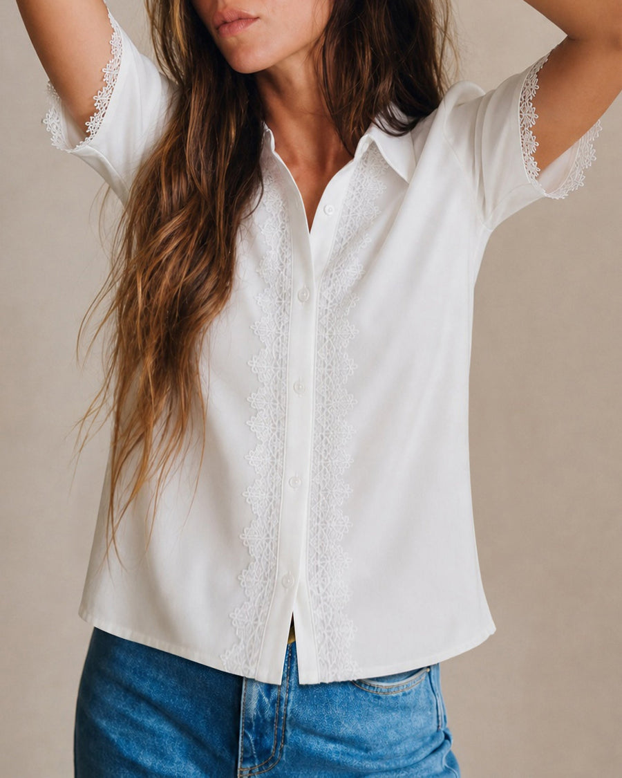 White Solid Collar Splicing Button Shirt