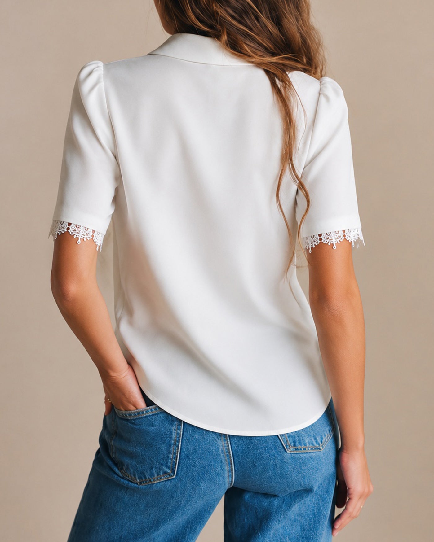 White Solid Collar Splicing Button Shirt