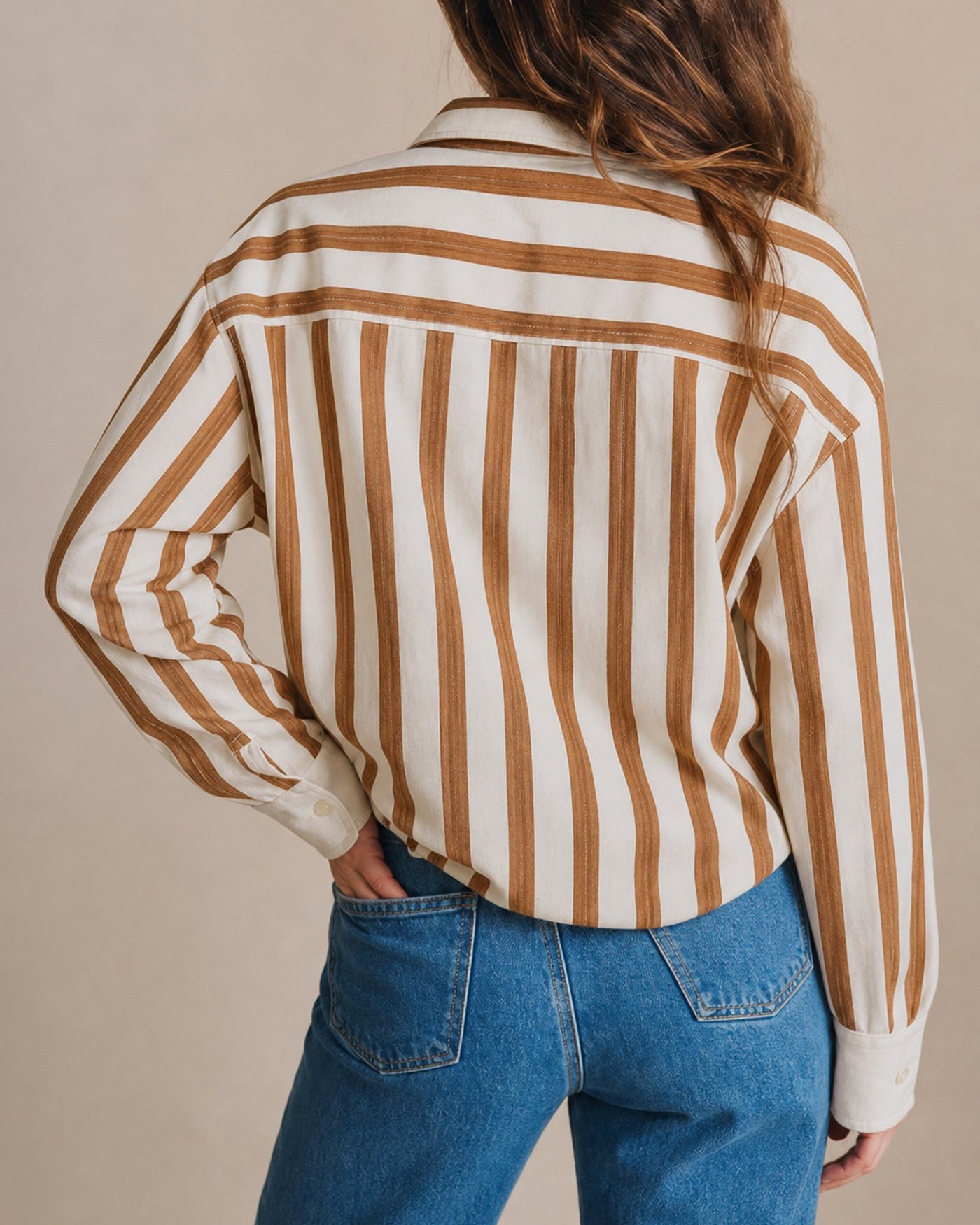 Brown Collar Striped Button Shirt