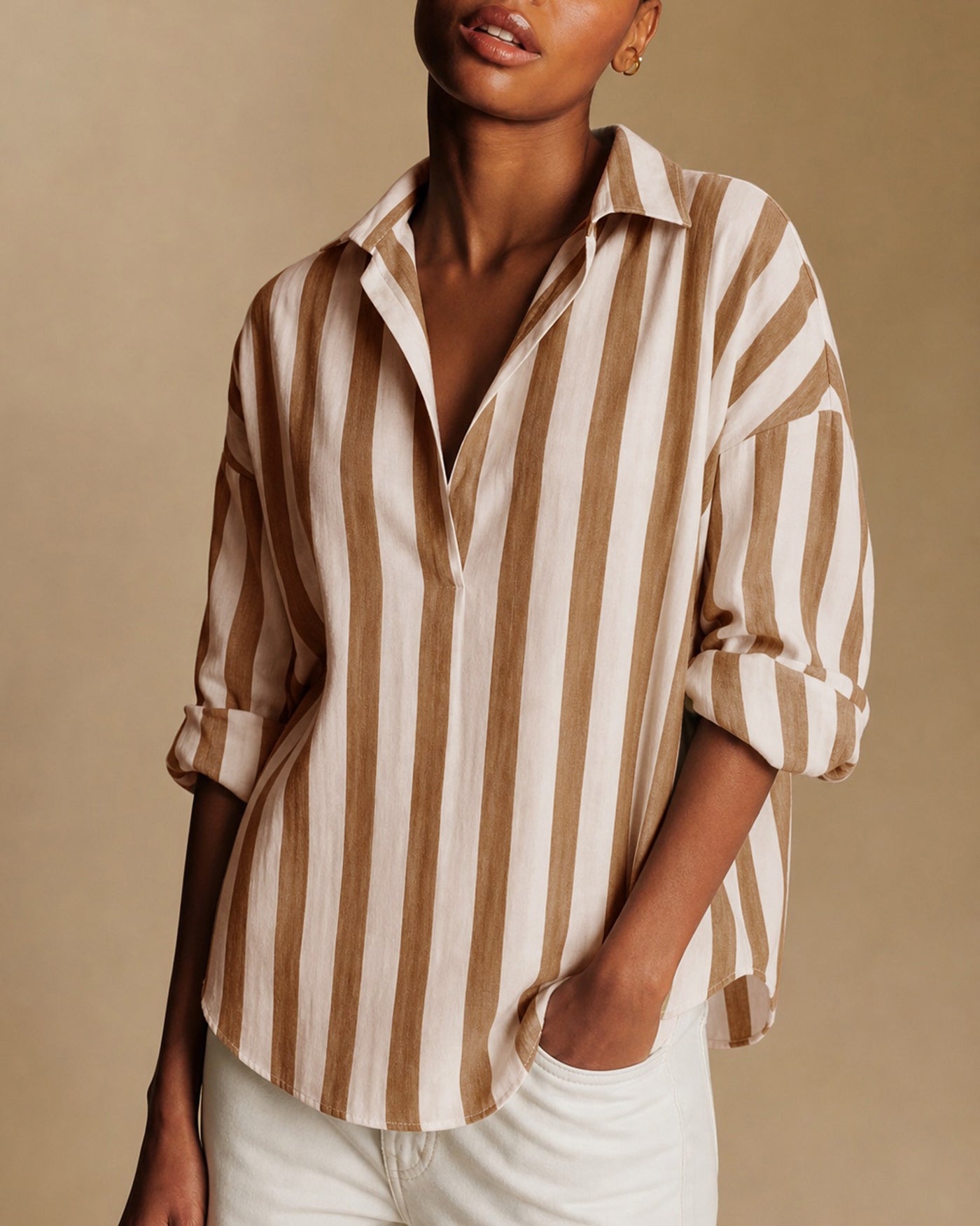 Brown Collar Striped Button Shirt