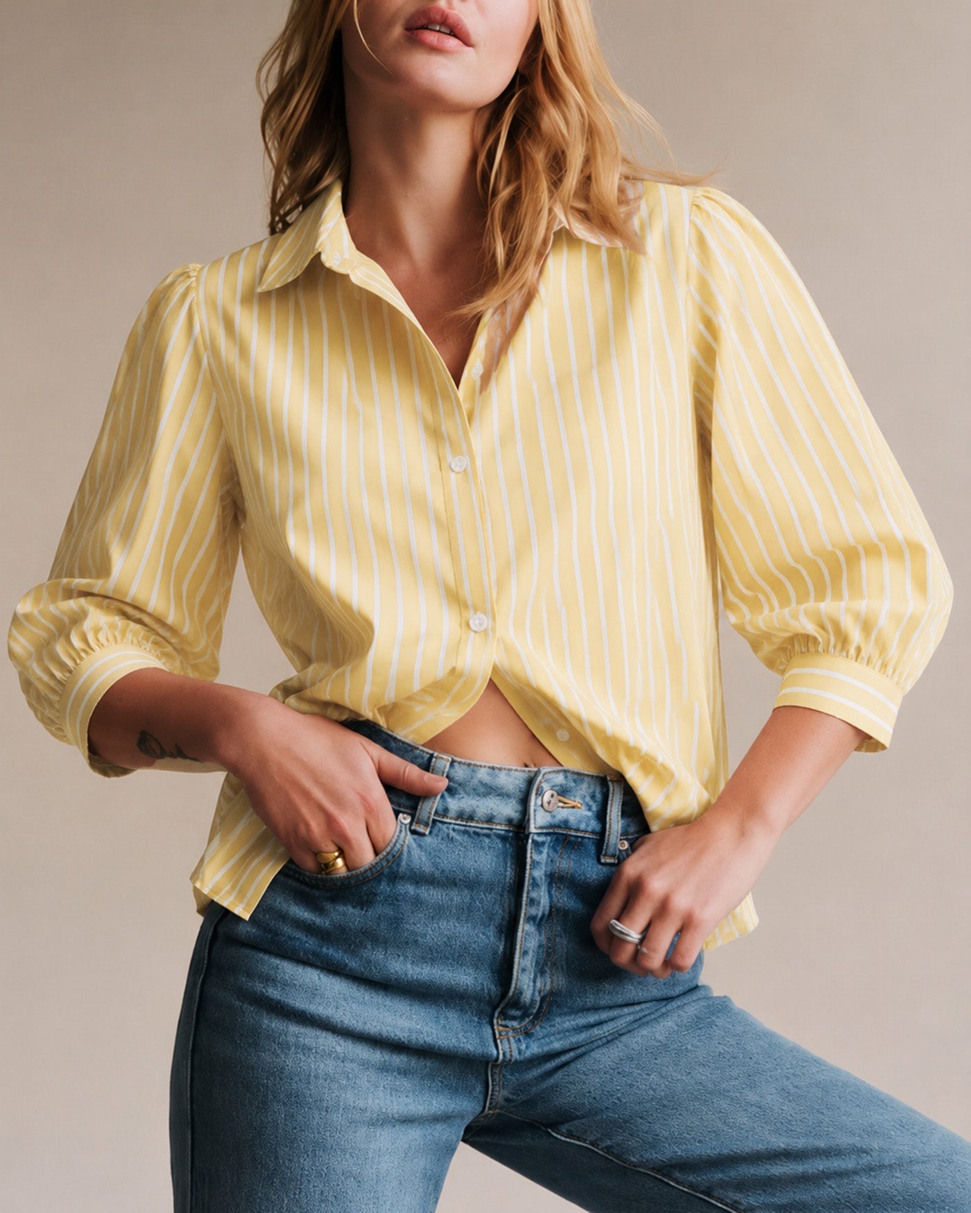 Yellow Collar Button Striped Shirt