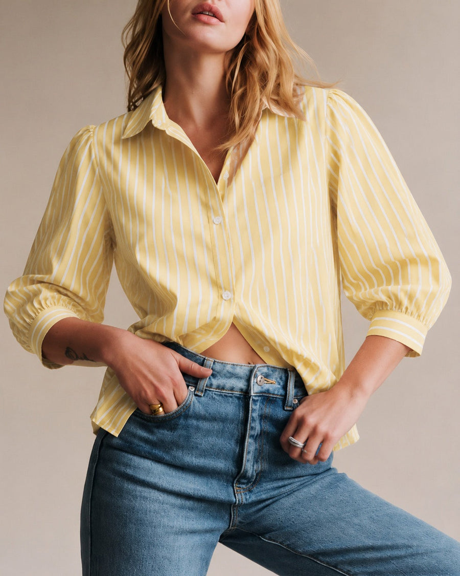 Yellow Collar Button Striped Shirt