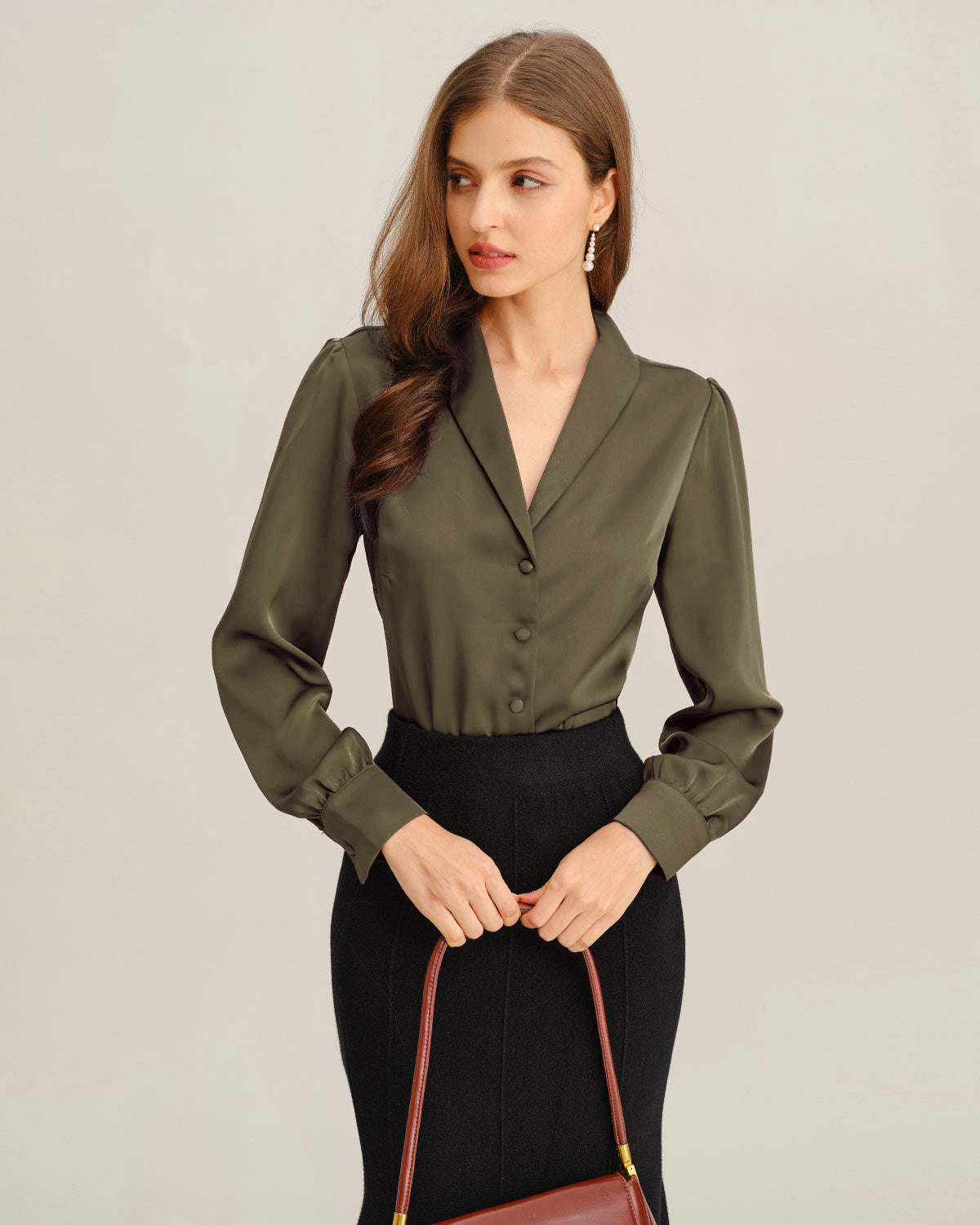 Green Satin V-Neck Office Shirt