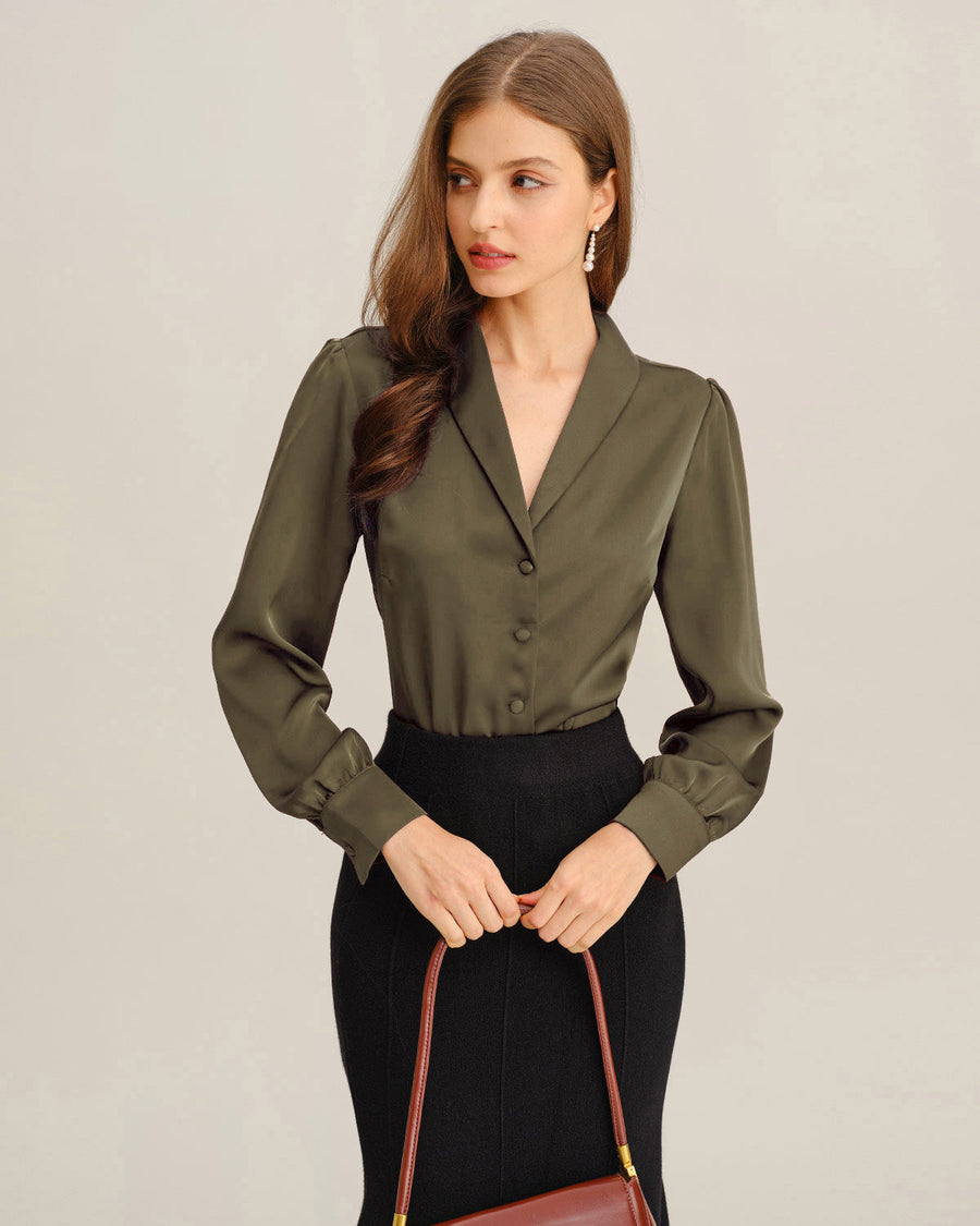 Green Satin V-Neck Office Shirt