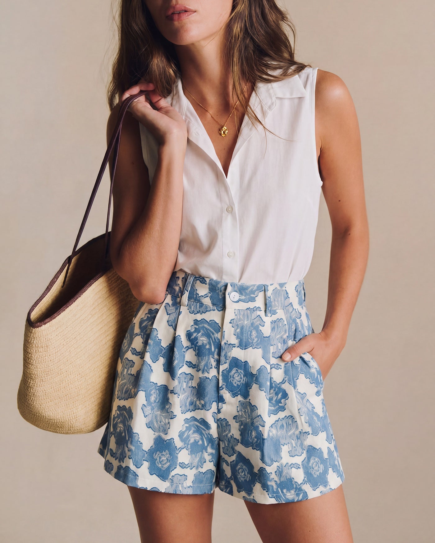 Blue Floral Button Pockets Shorts