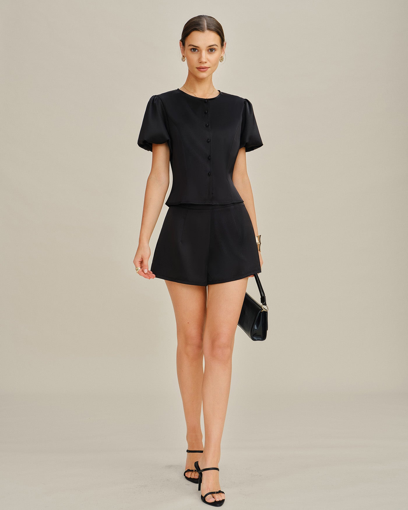 Black Natural Waisted Satin Shorts