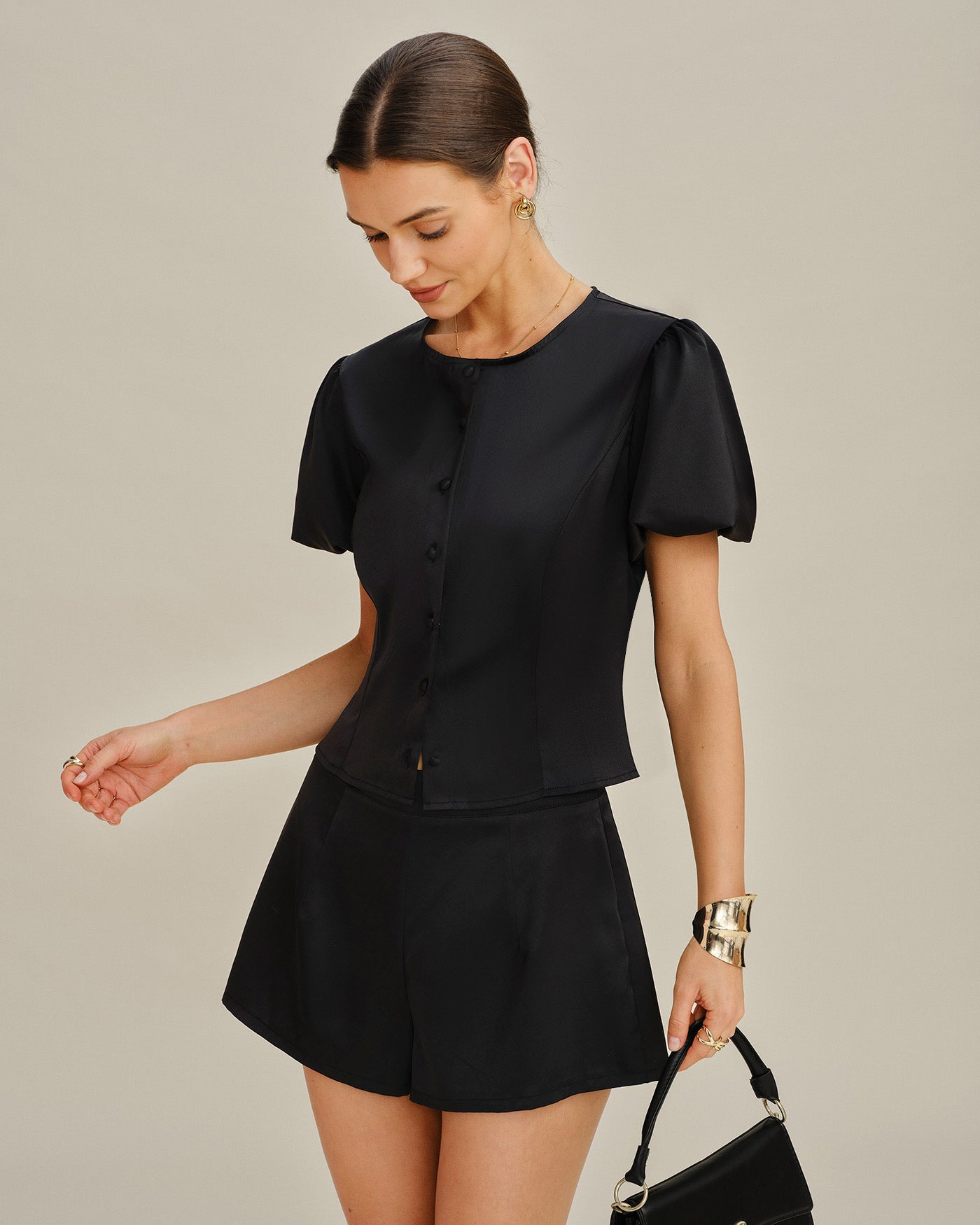 Black Natural Waisted Satin Shorts
