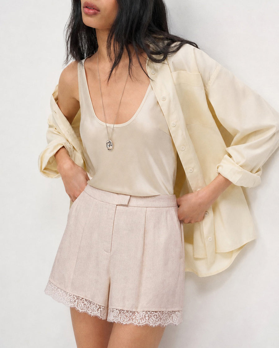 Apricot Lace Splicing Pockets Shorts