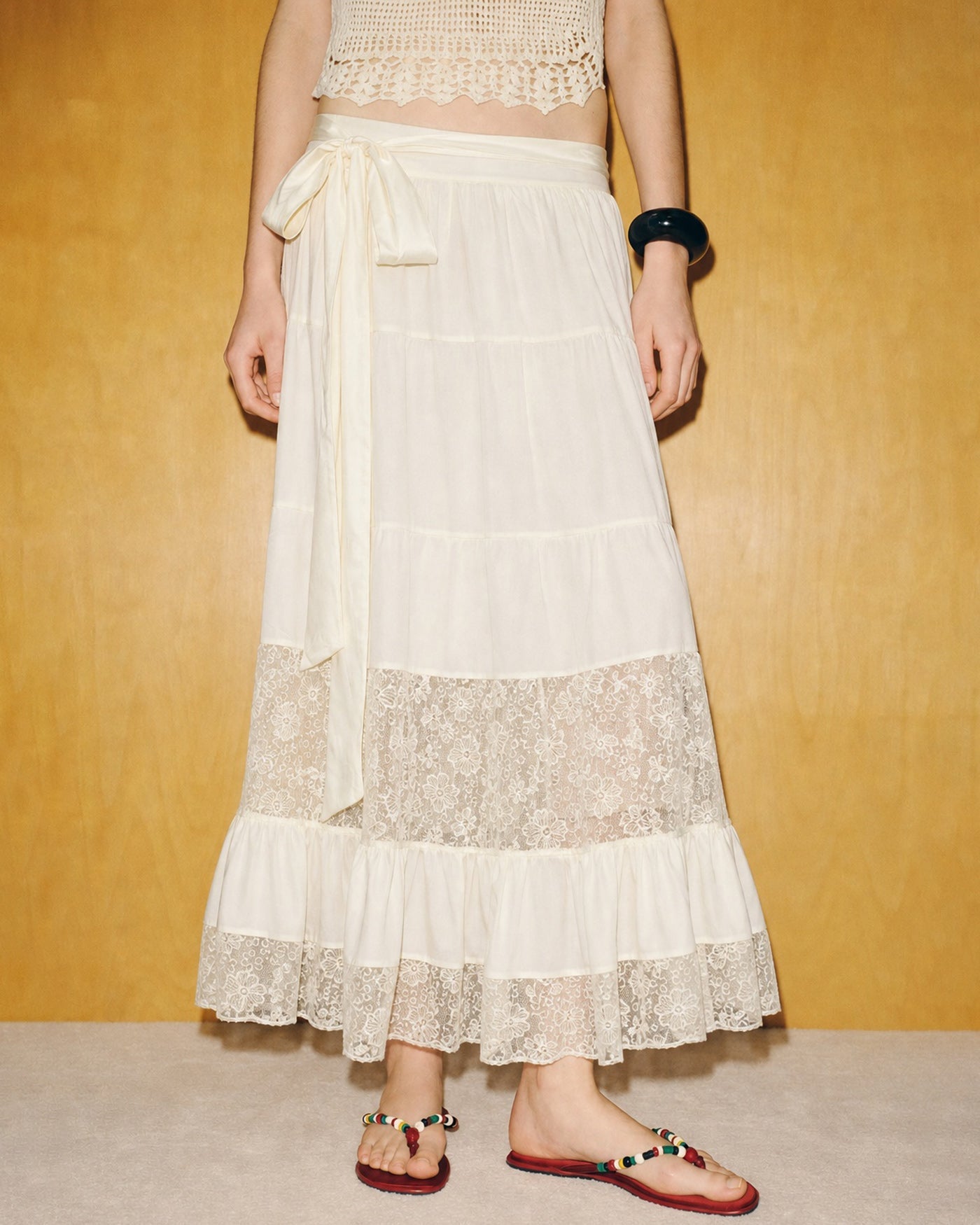 Apricot Lace Elastic Waist Midi Skirt