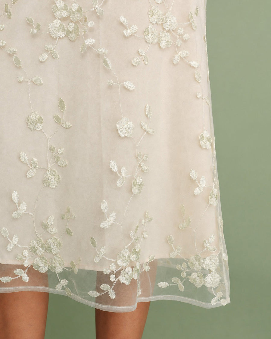 Apricot Floral Embroidery Mesh Midi Skirt