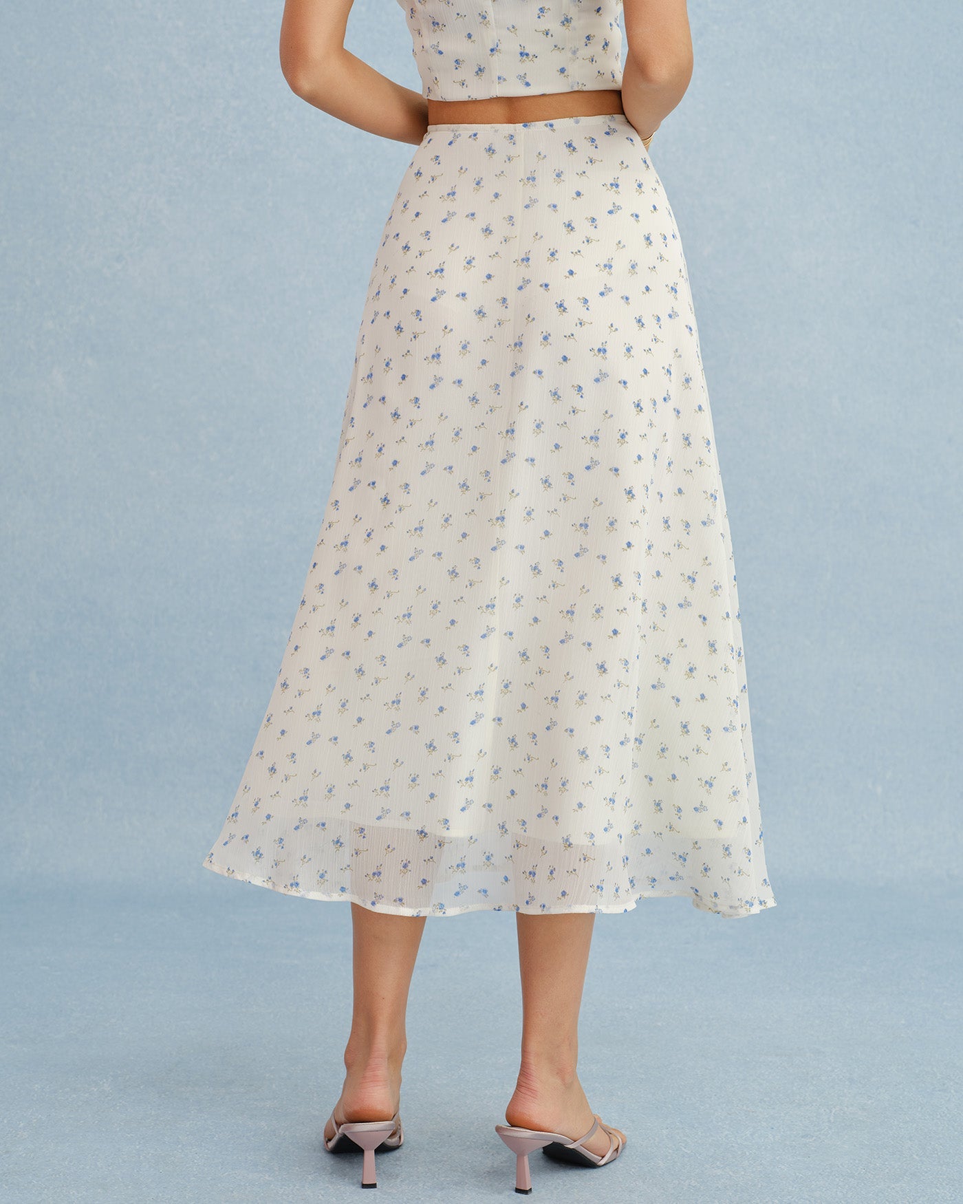Beige Floral Chiffon Midi Skirt