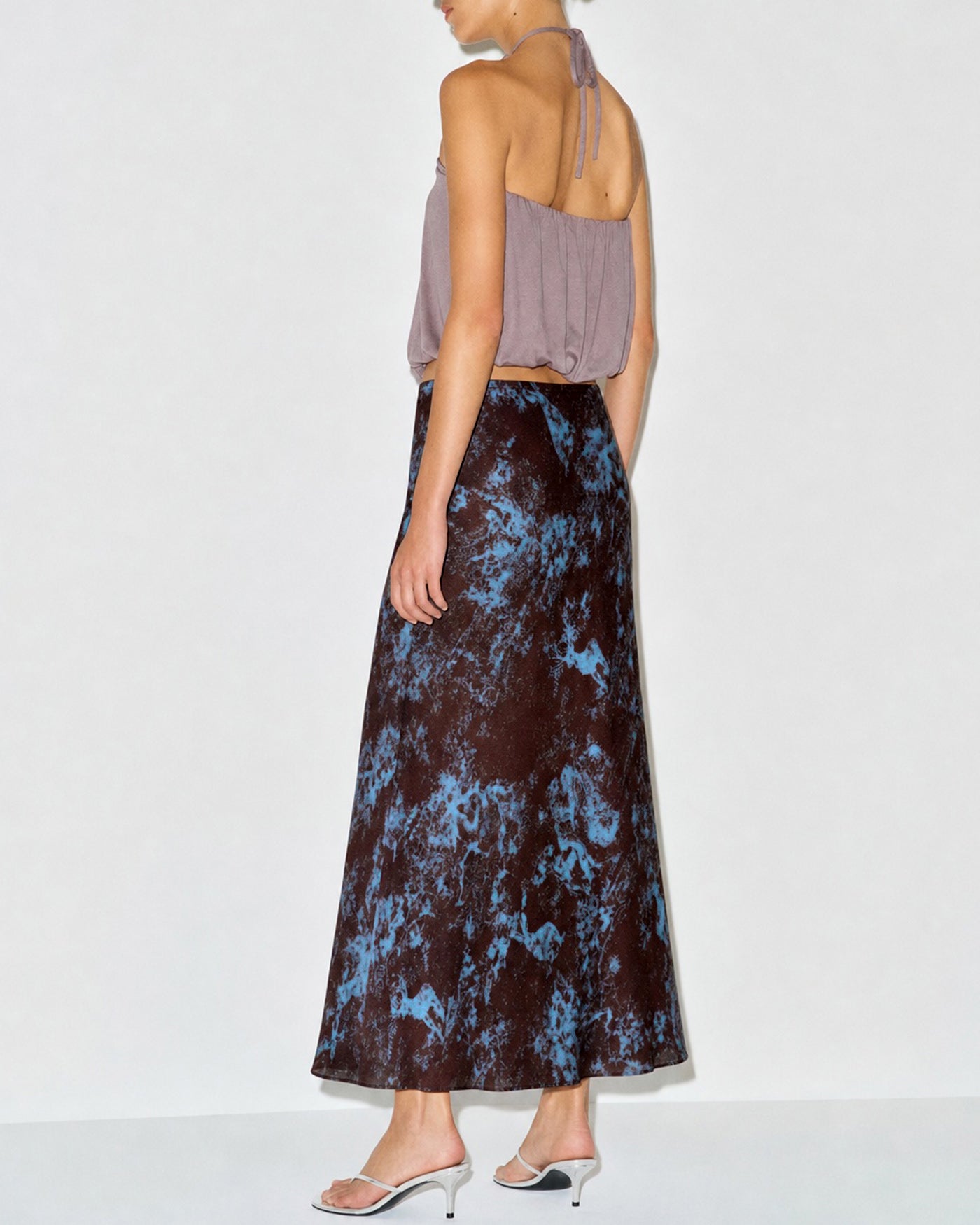 Coffee Elastic Waist Floral Midi Skirt