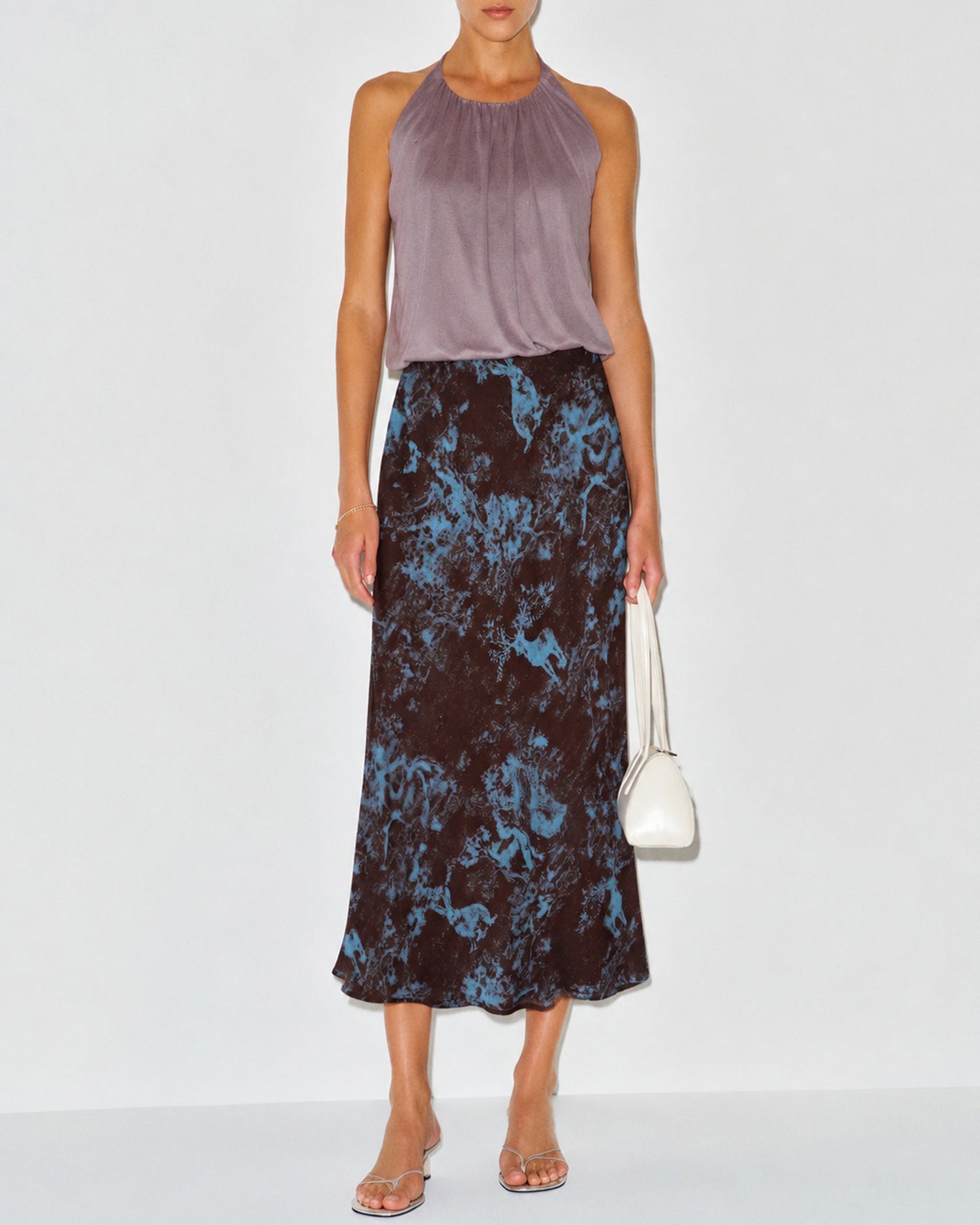 Coffee Elastic Waist Floral Midi Skirt