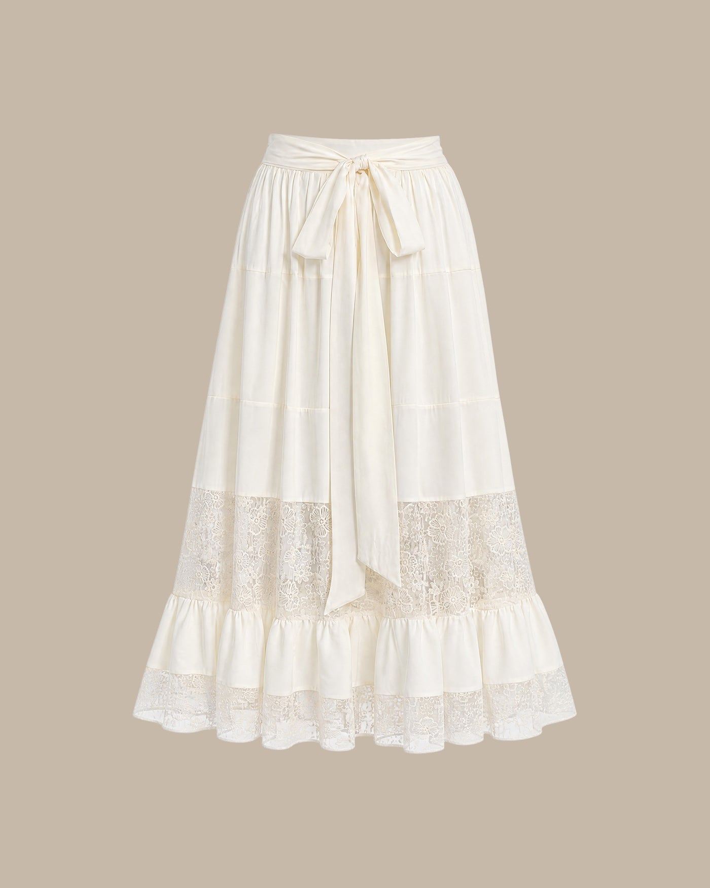 Apricot Lace Elastic Waist Midi Skirt