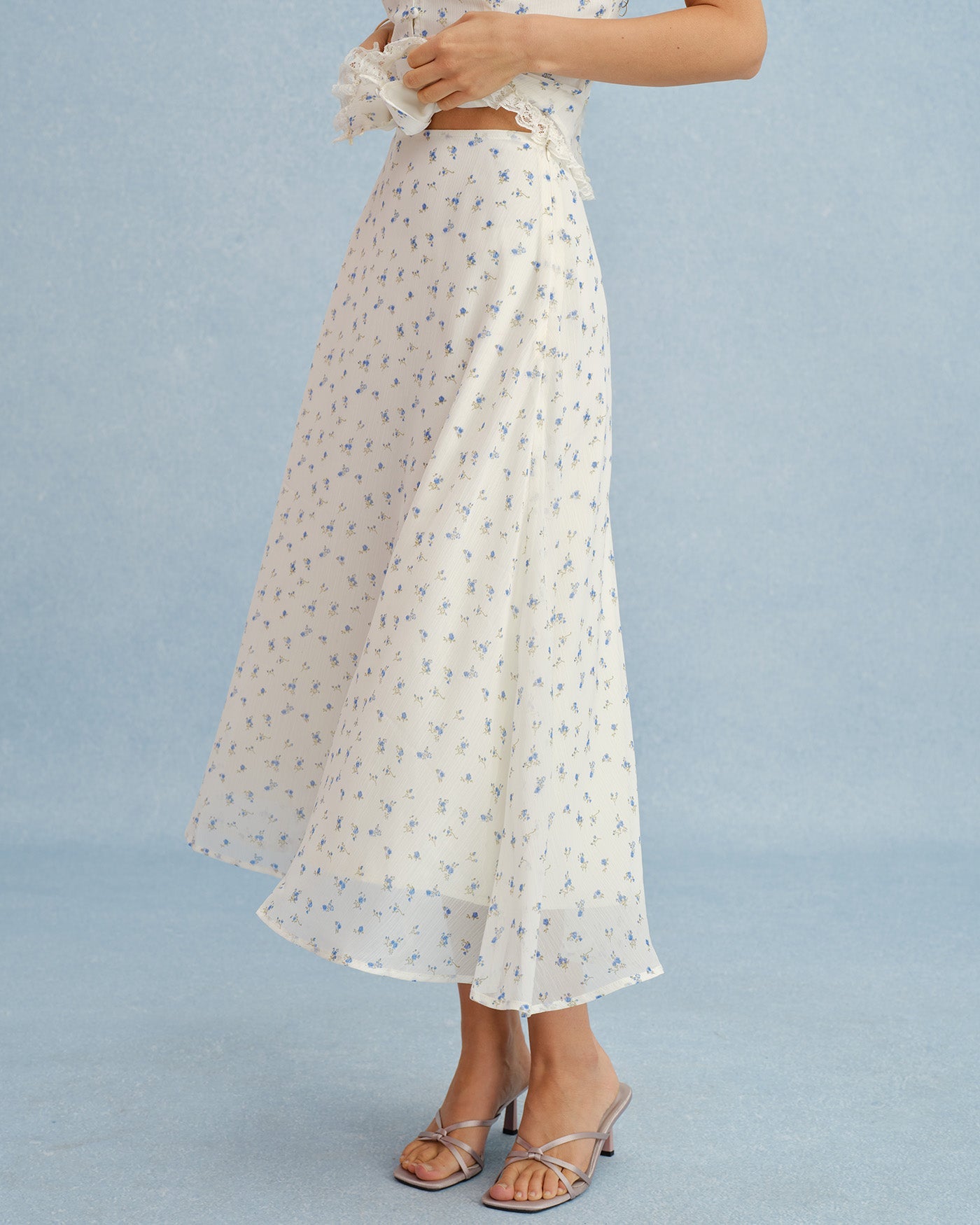 Beige Floral Chiffon Midi Skirt