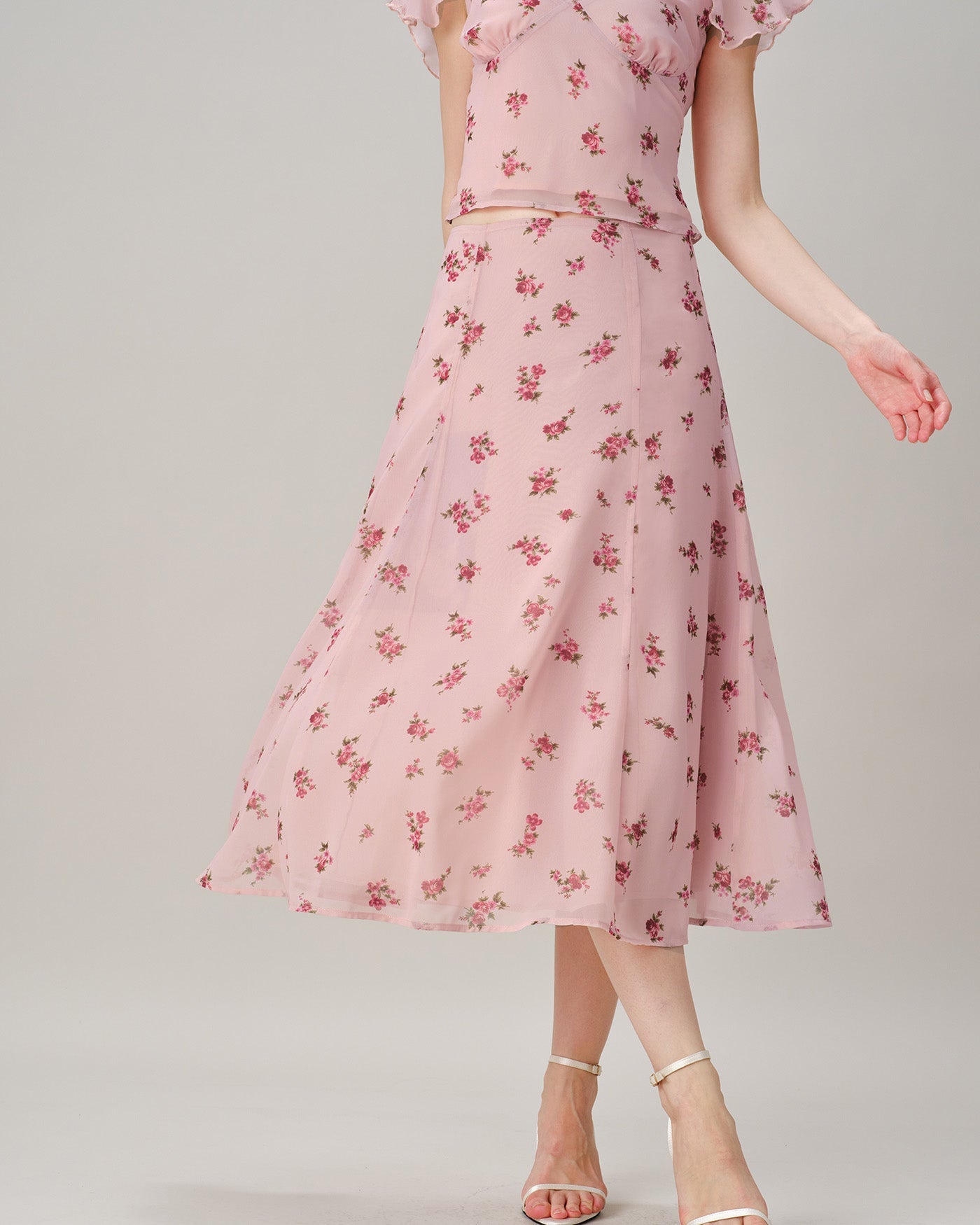 Pink Floral Chiffon A-Line Midi Skirt
