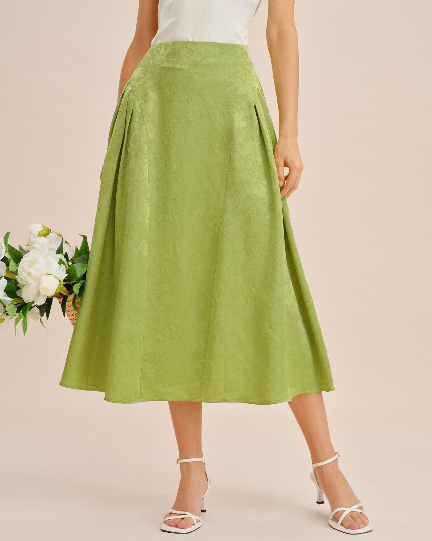 Green Jacquard Ruched Satin Midi Skirt