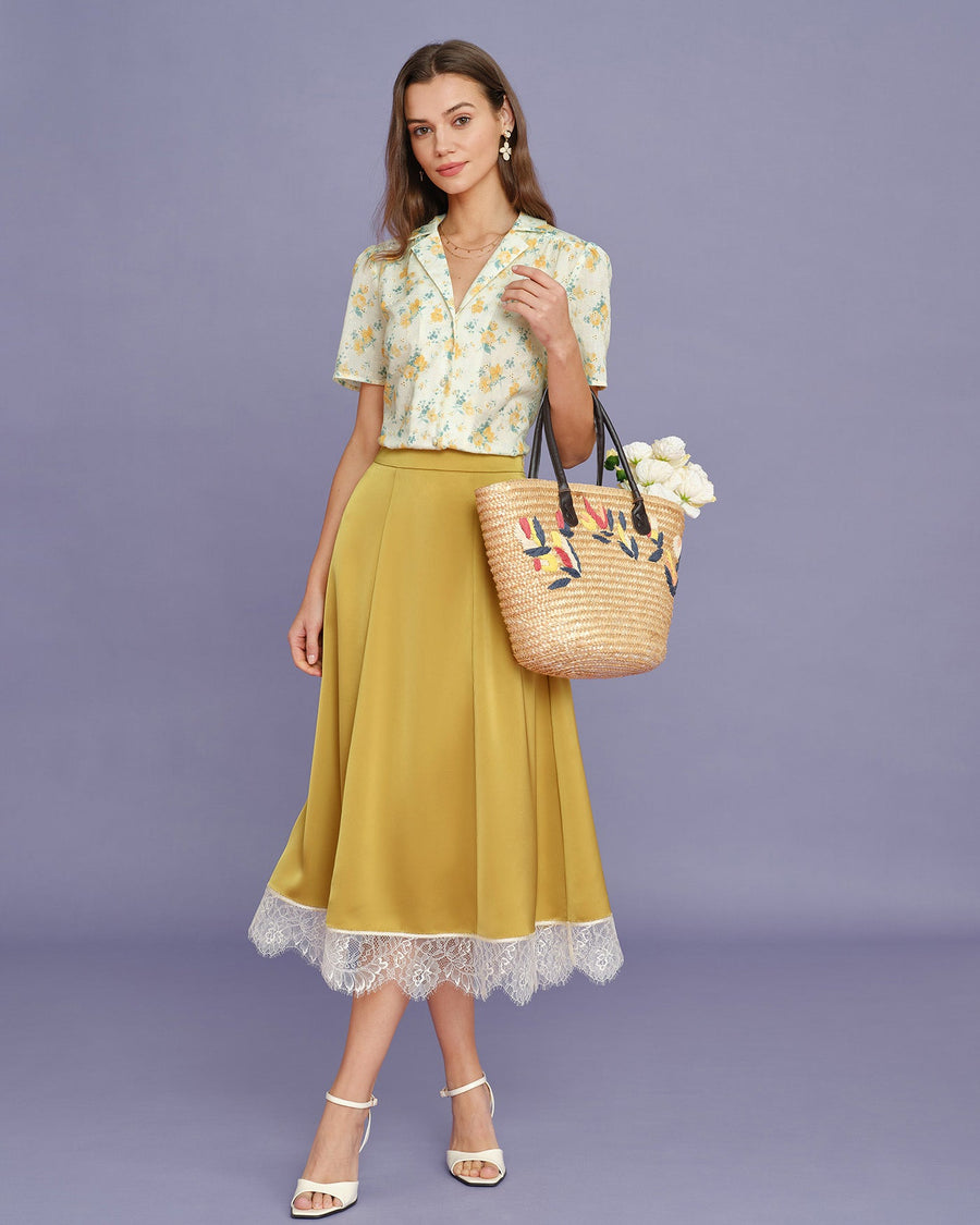 Yellow Lace Satin Midi Skirt