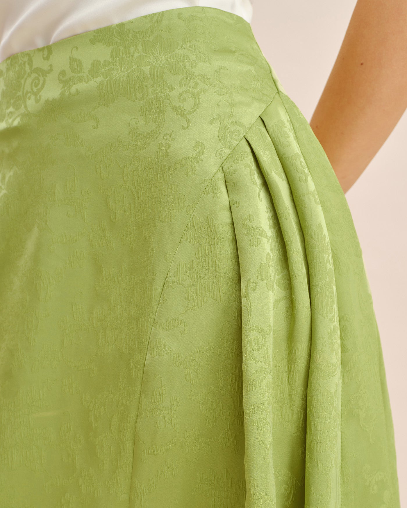 Green Jacquard Ruched Satin Midi Skirt