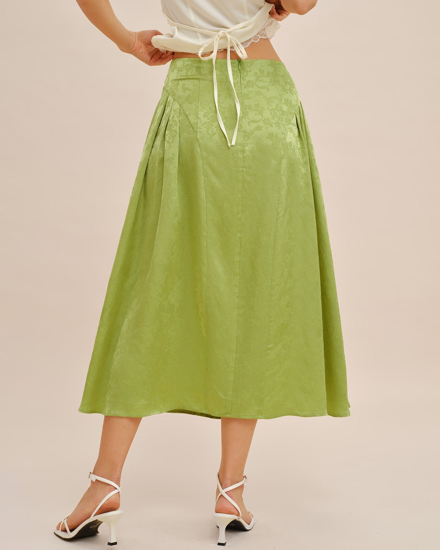 Green Jacquard Ruched Satin Midi Skirt