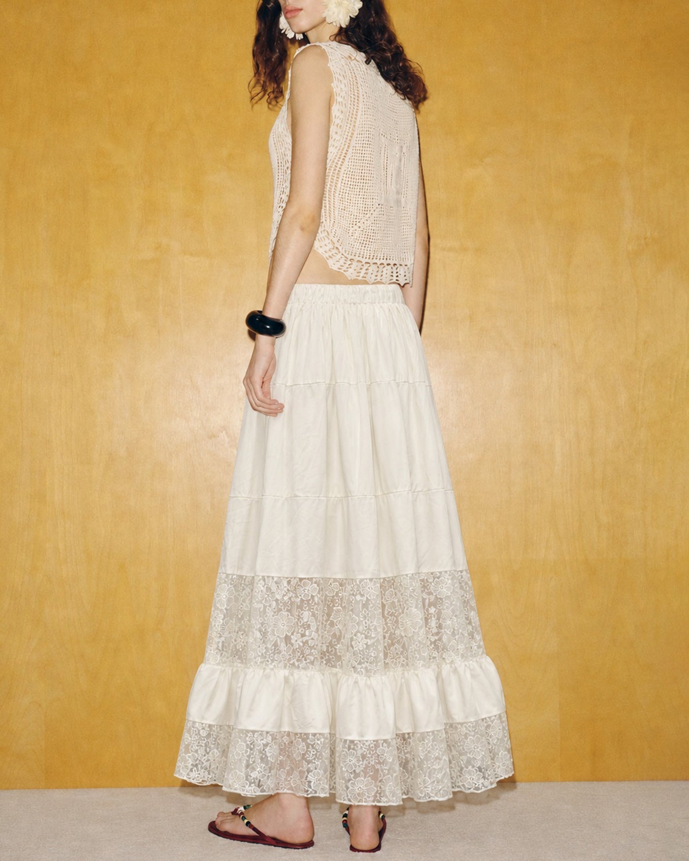 Apricot Lace Elastic Waist Midi Skirt
