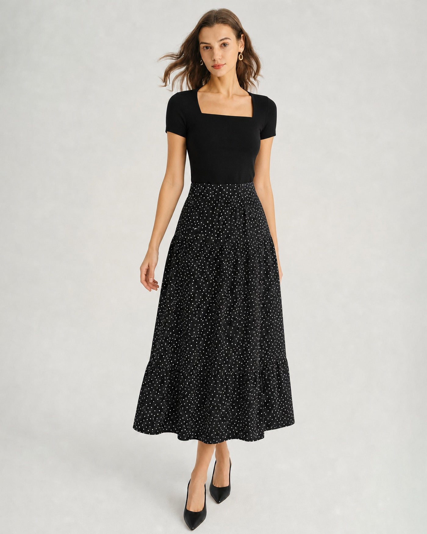 Black Polka Dot Ruched Midi Skirt