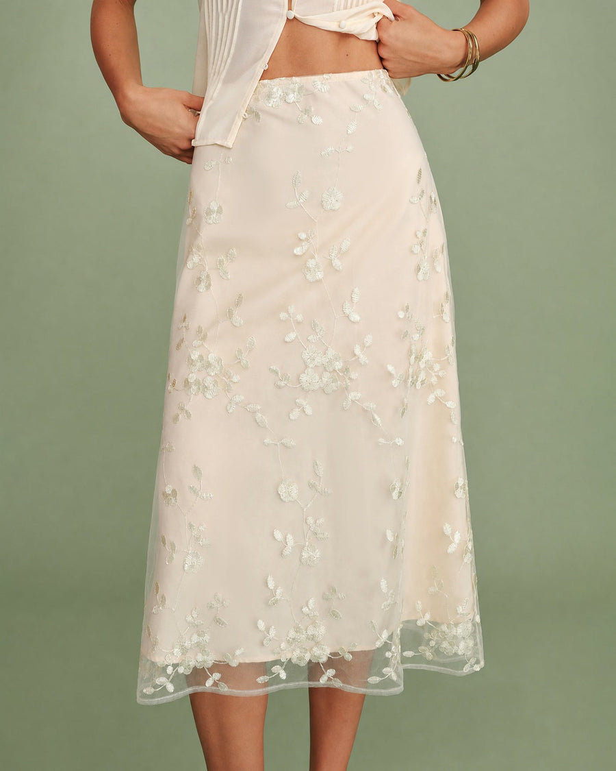 Apricot Floral Embroidery Mesh Midi Skirt