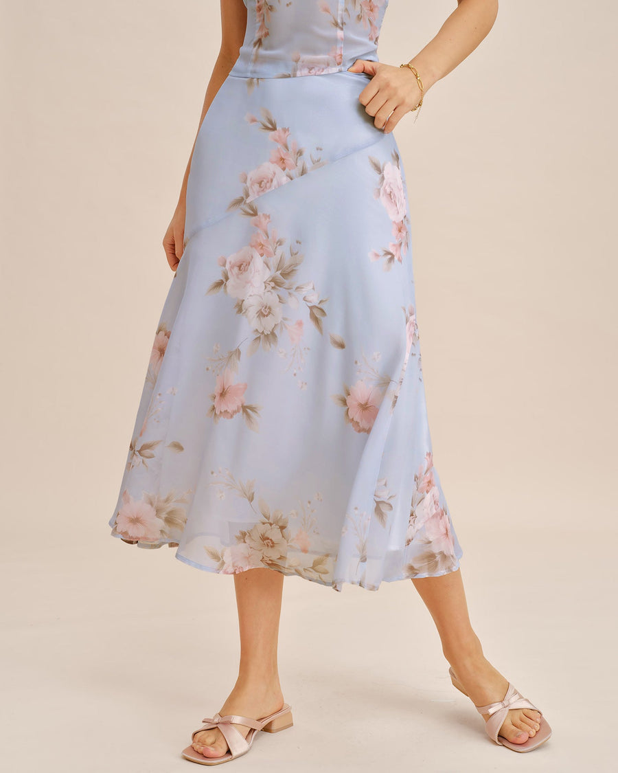 Light Purple Floral A-Line Midi Skirt