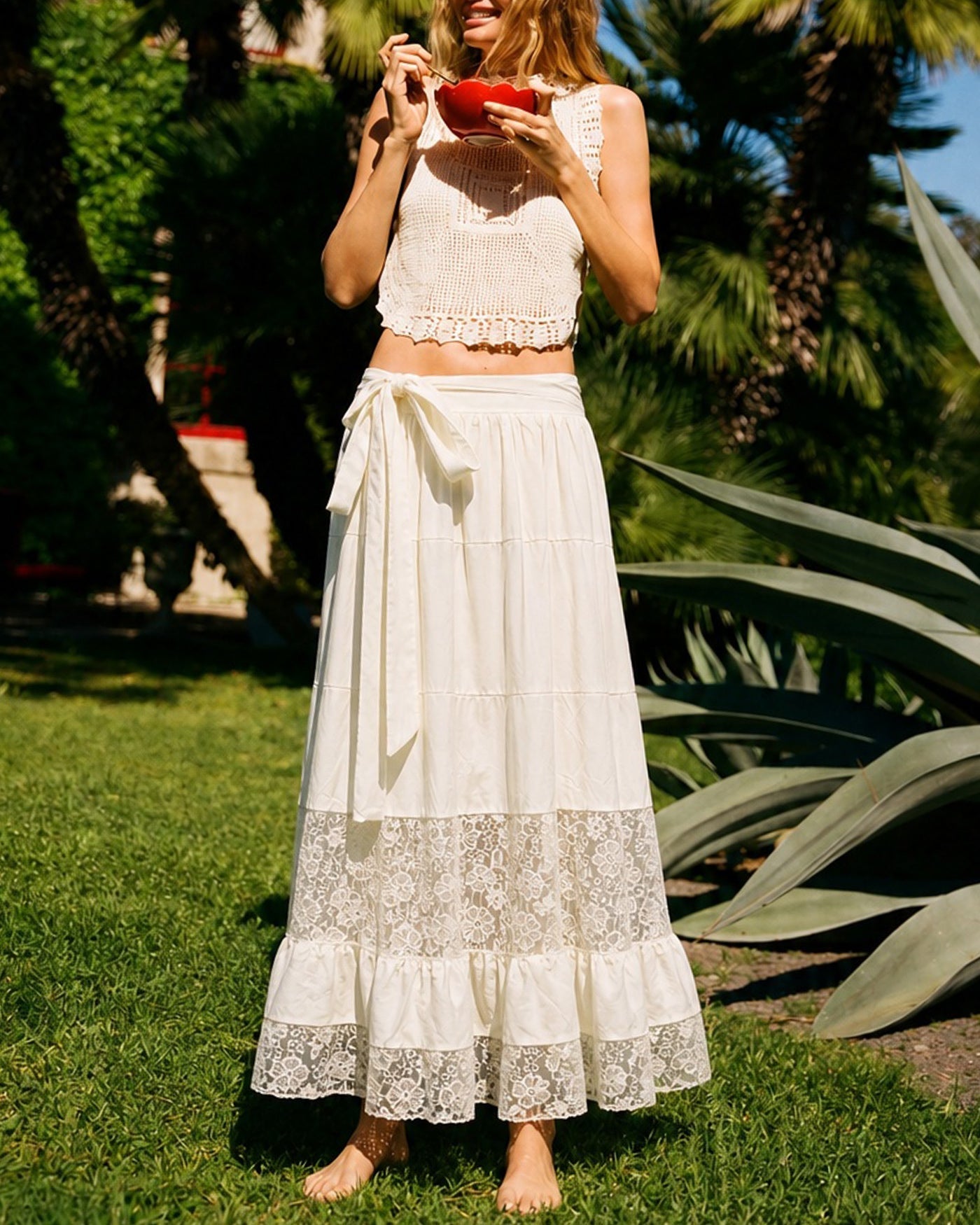 Apricot Lace Elastic Waist Midi Skirt