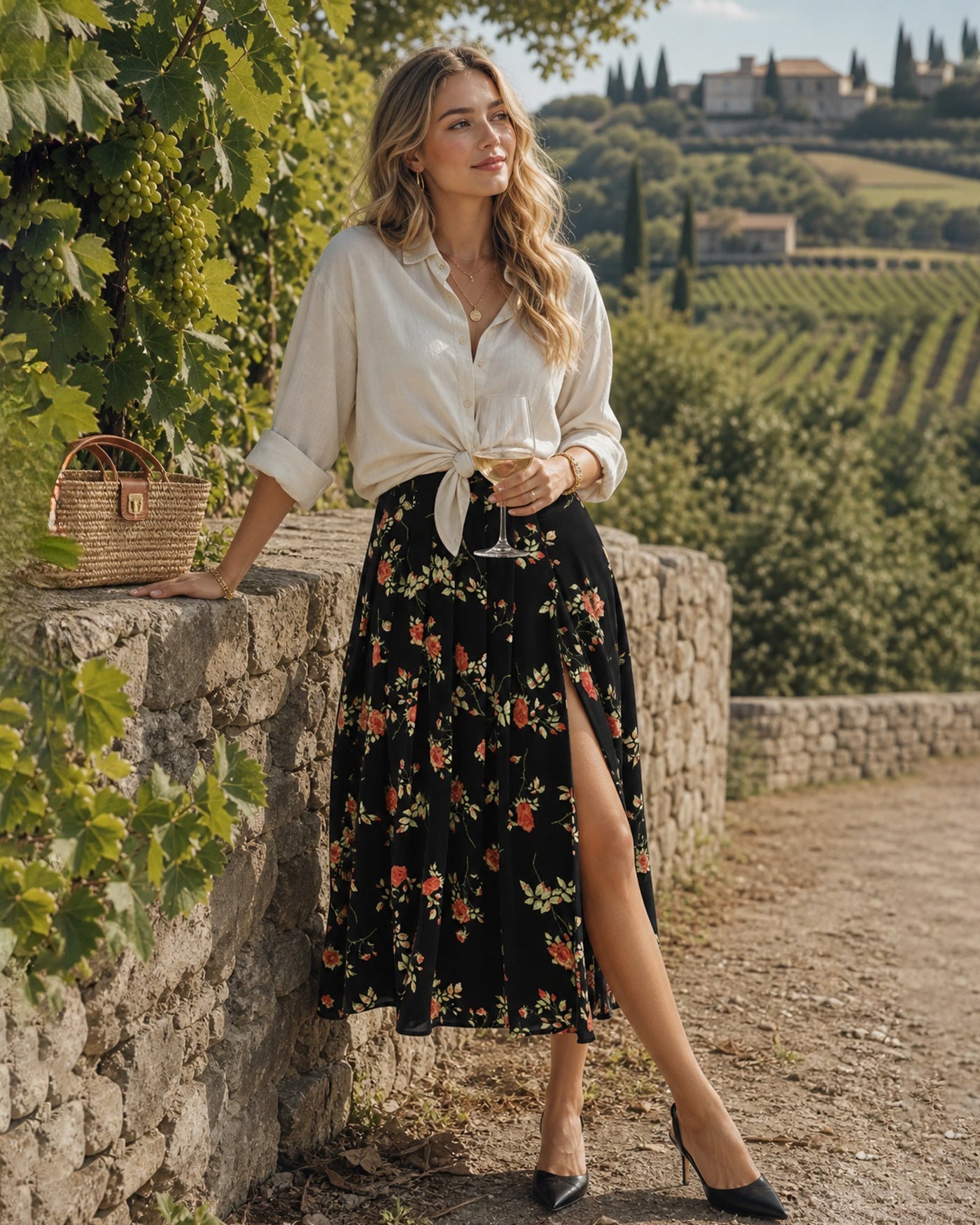 Black Floral A-Line Midi Skirt