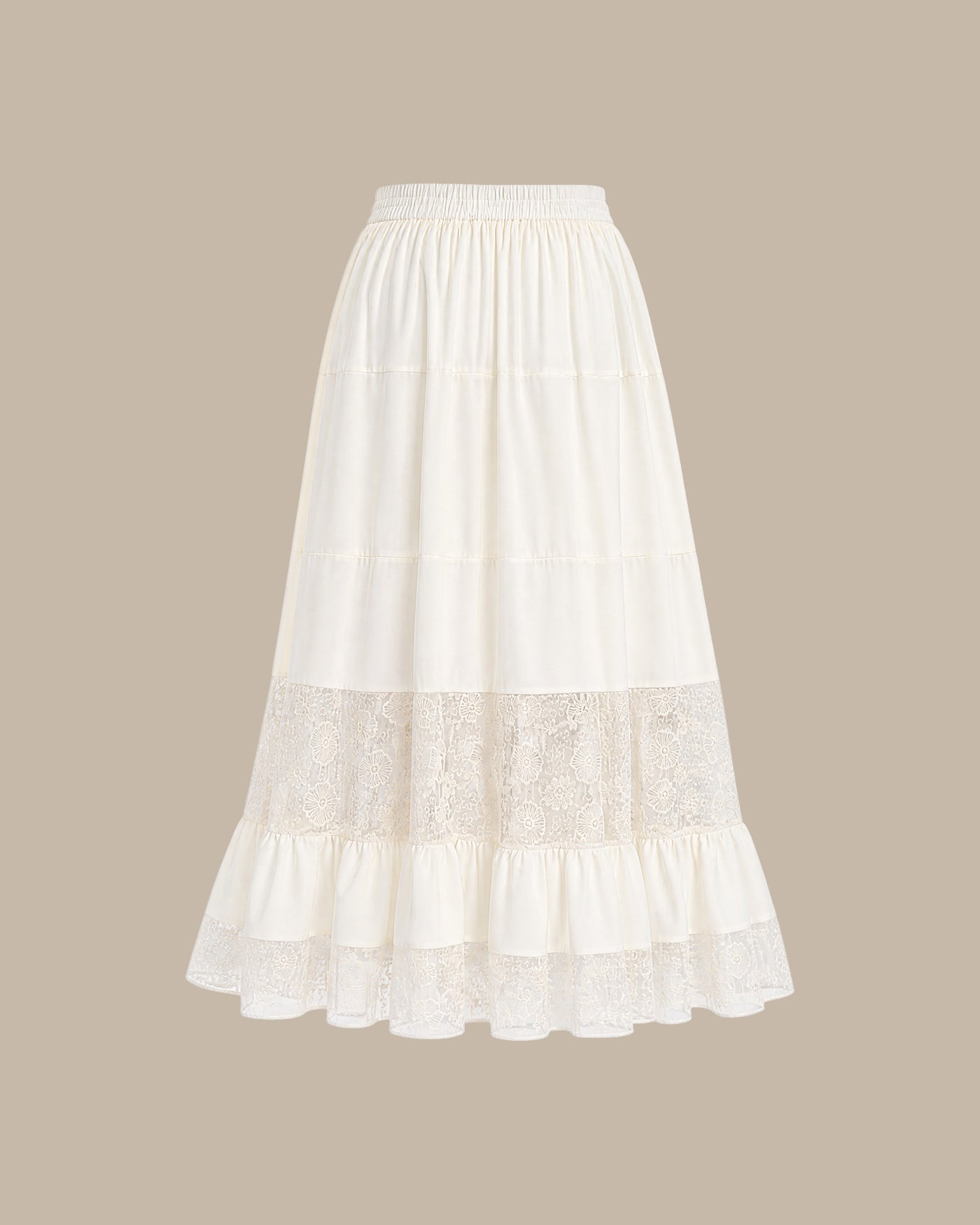 Apricot Lace Elastic Waist Midi Skirt