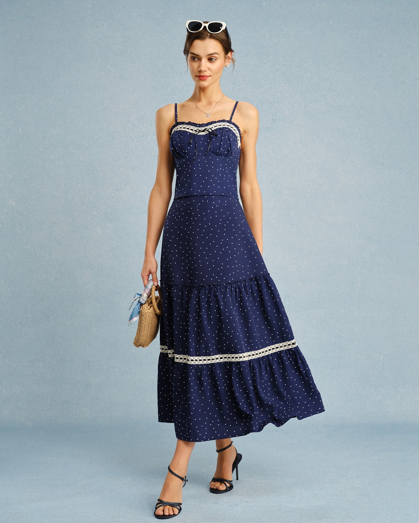 Navy Polka Dot Lace Midi Skirt