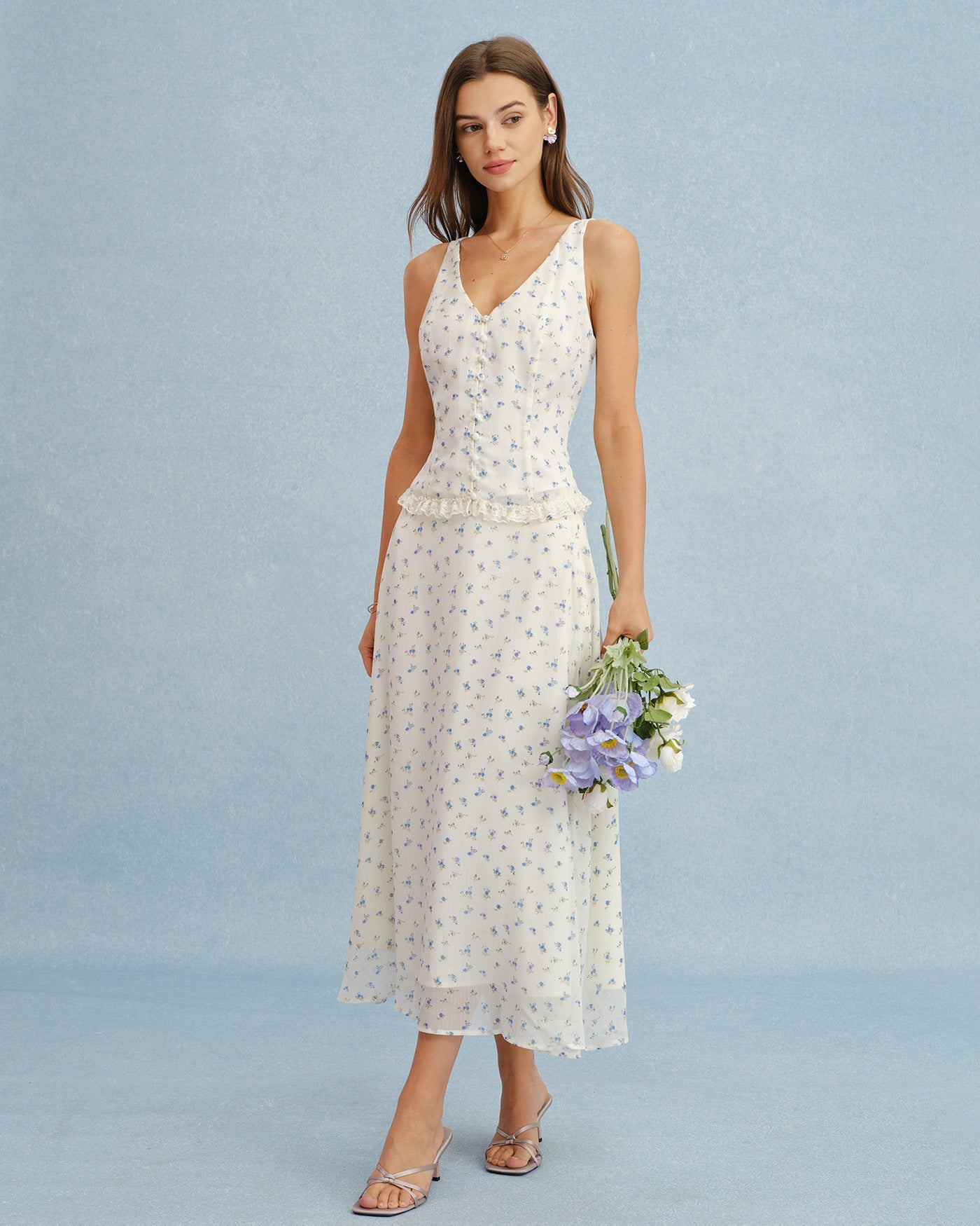 Beige Floral Chiffon Midi Skirt