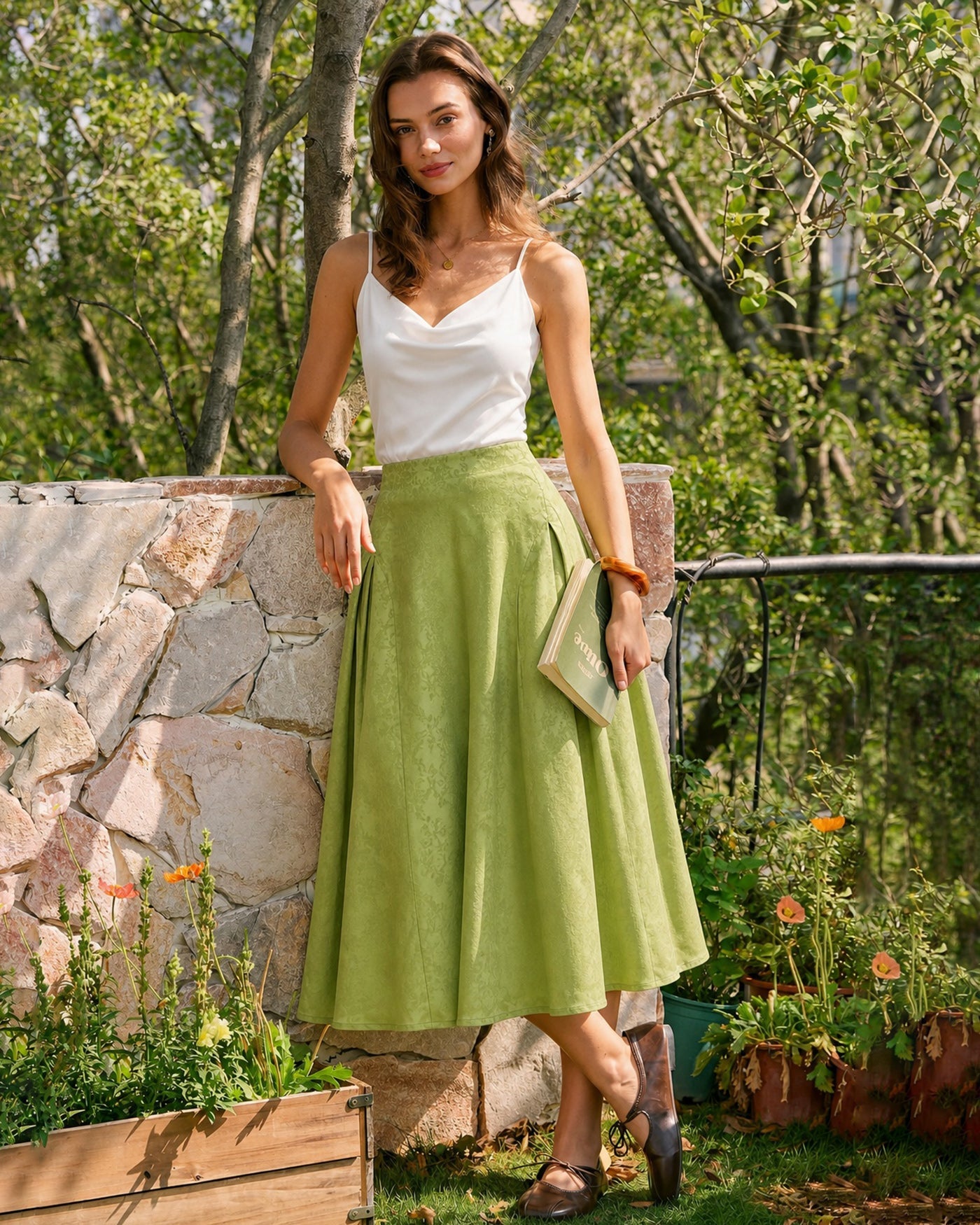 Green Jacquard Ruched Satin Midi Skirt